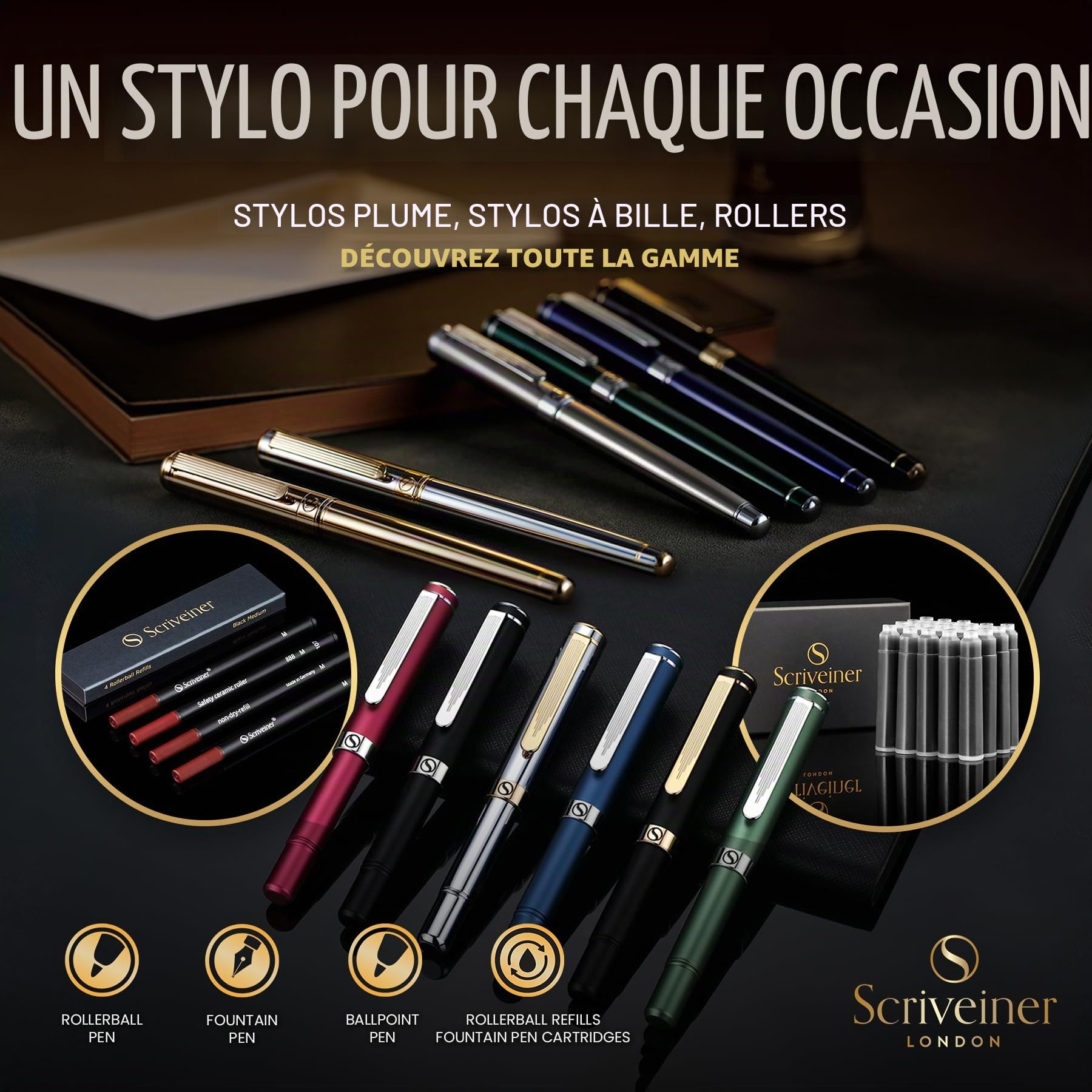Stylo Plume Scriveiner de Luxe EDC (moyen), Superbe stylo de poche avec finition noir mat, Plume allemande Schmidt, Convertisseur, Coffret cadeau stylo d'écriture homme et femme, Stylo plume de bureau