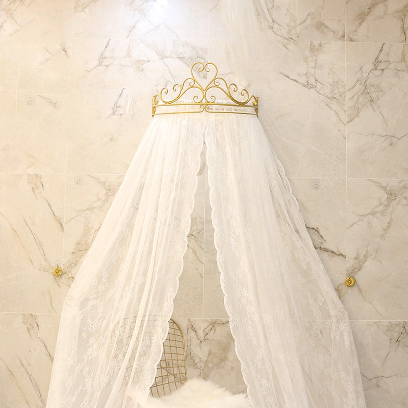 Baldaquin de Lit avec Couronne pour Chambre de Petite Fille, Rideau de Lit de Princesse Voile Transparent et Dentelle Moustiquaire pour Lit Simple à Lit King Size, White