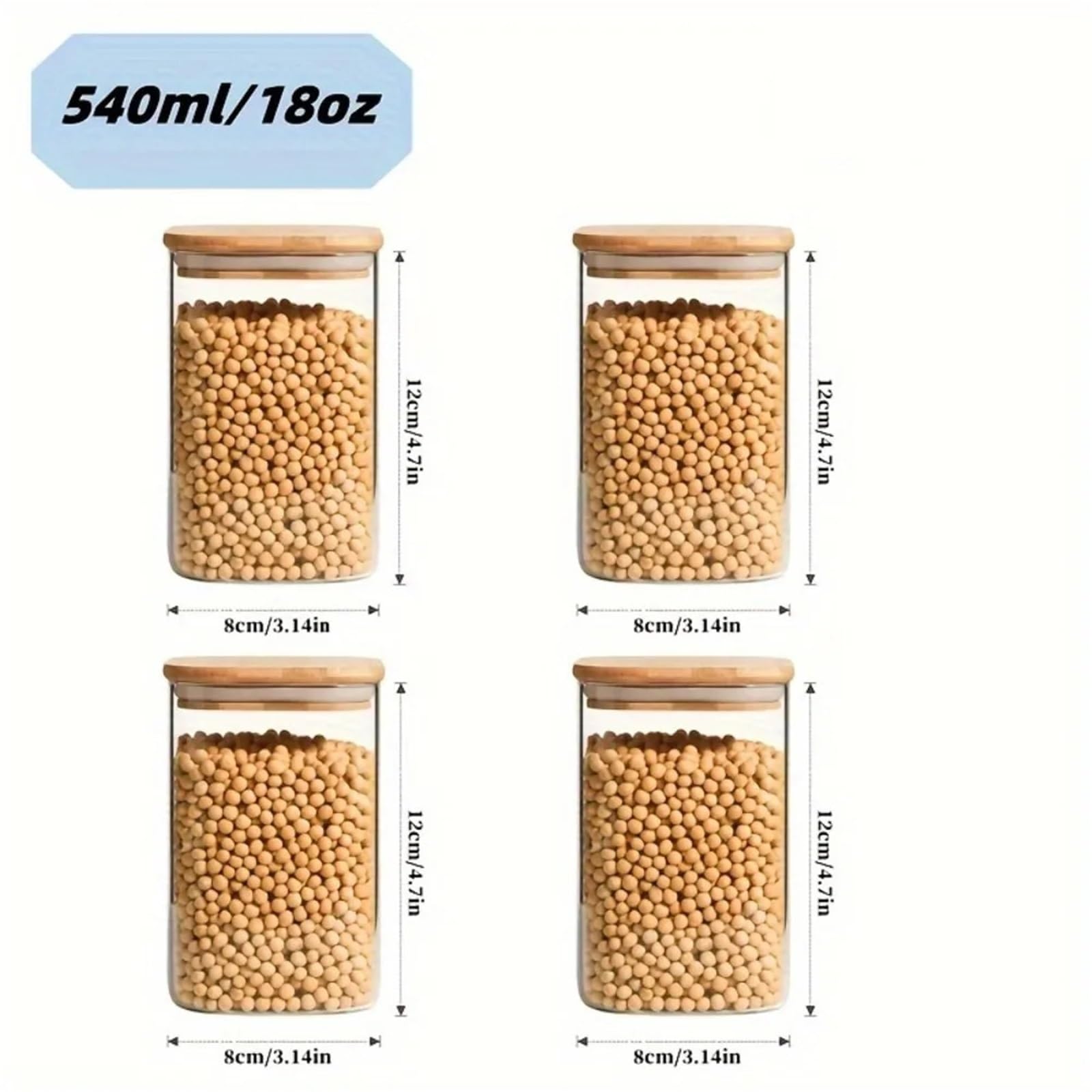 Tarro de almacenamiento para cocina, Tarro sellado de vidrio cuadrado transparente 4x540 ml, caramelos apilables, galletas, frutos secos, cereales, nueces