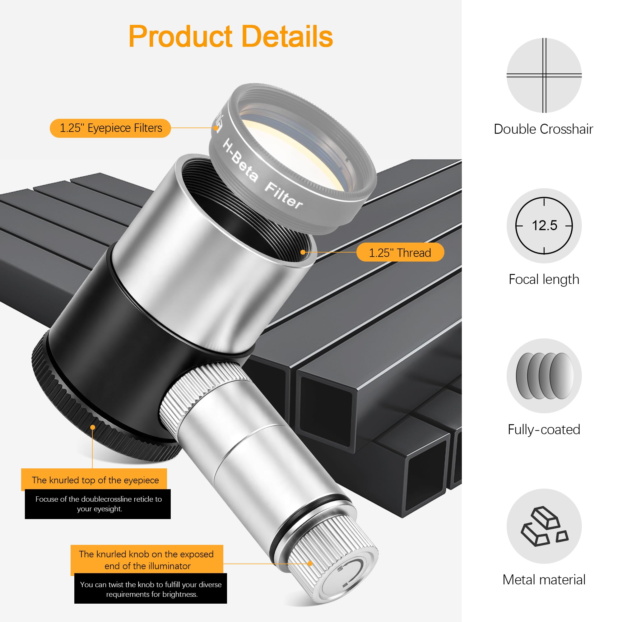 Astromania Ocular telescópico Plossl Iluminado de retícula de 12,5 mm, Imagen Ajustable y Enfoque de retícula e iluminación LED Ajustable