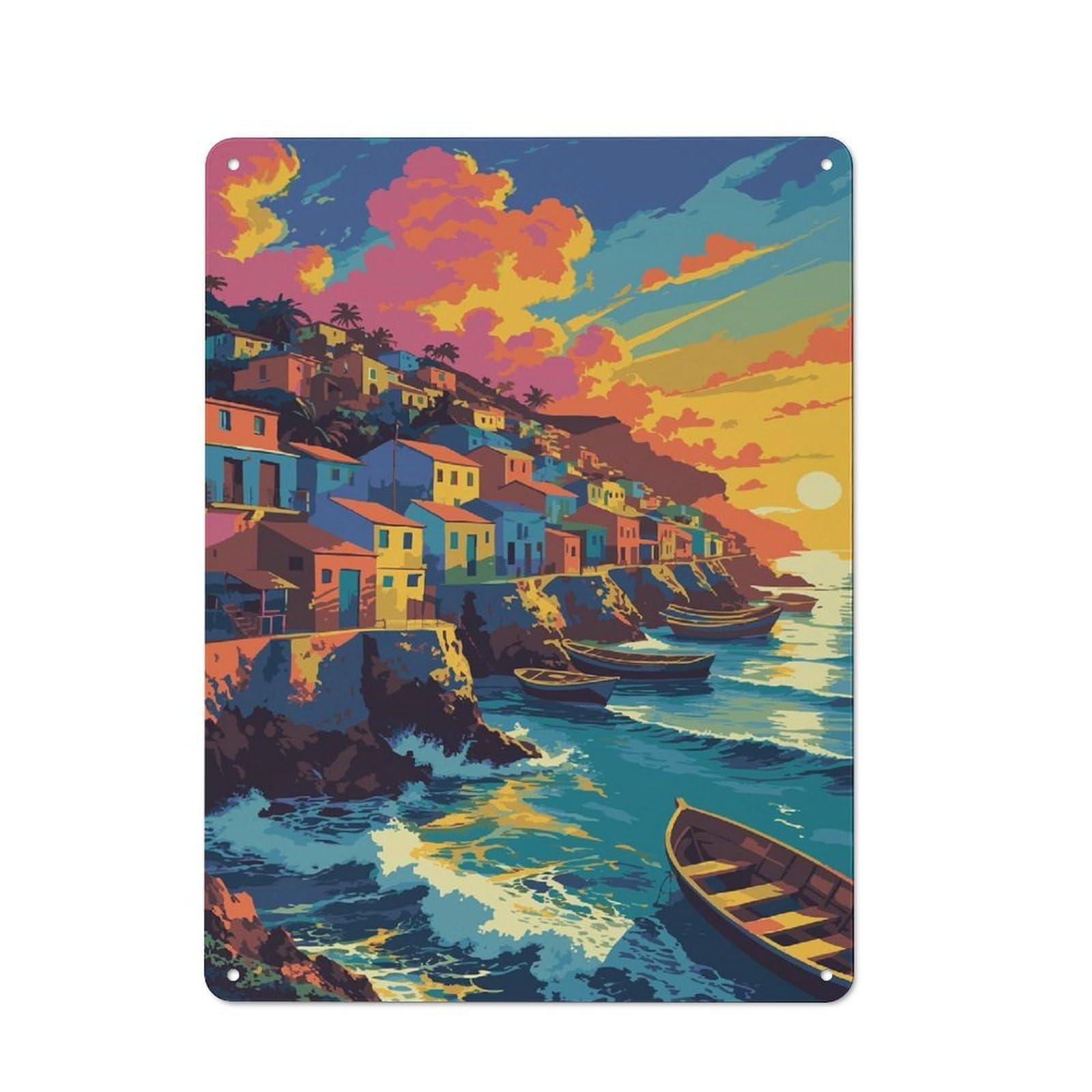 Junmoney Colorful Coastal Village At Sunset Retro Metal Wall Sign 40X30cm For Hobby Room Or Studio, For Garage, Workshop And Man Cave Decoration