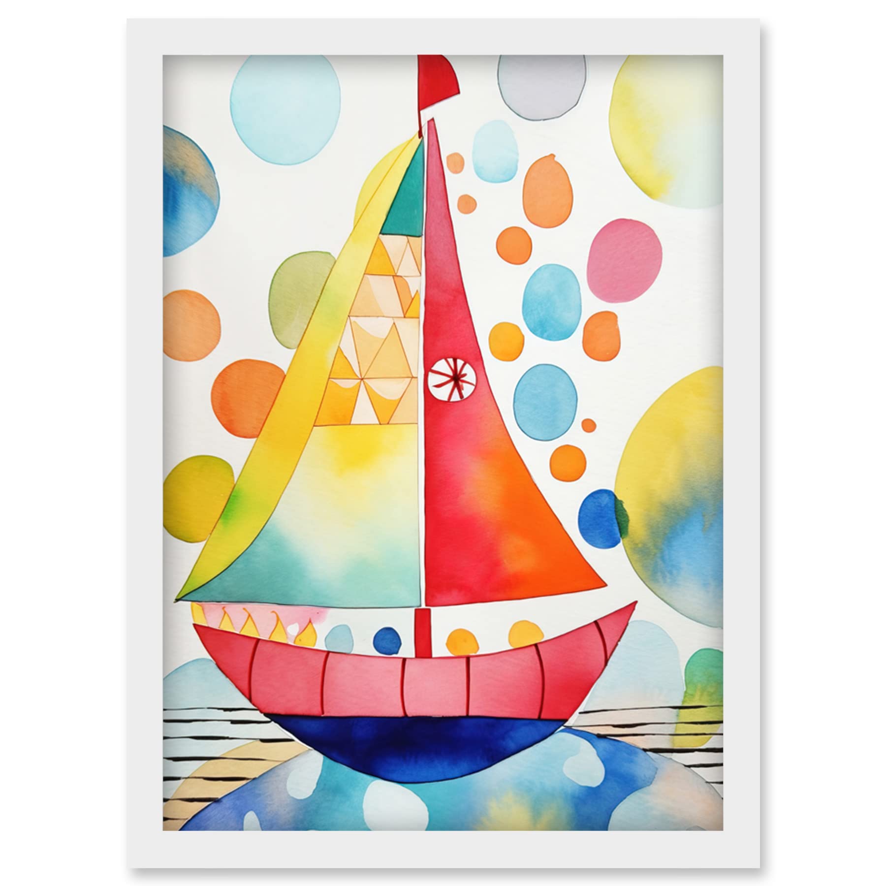 Artery8 Sailboat At Sunset Folk Art Artwork Framed Wall Art Print A4
