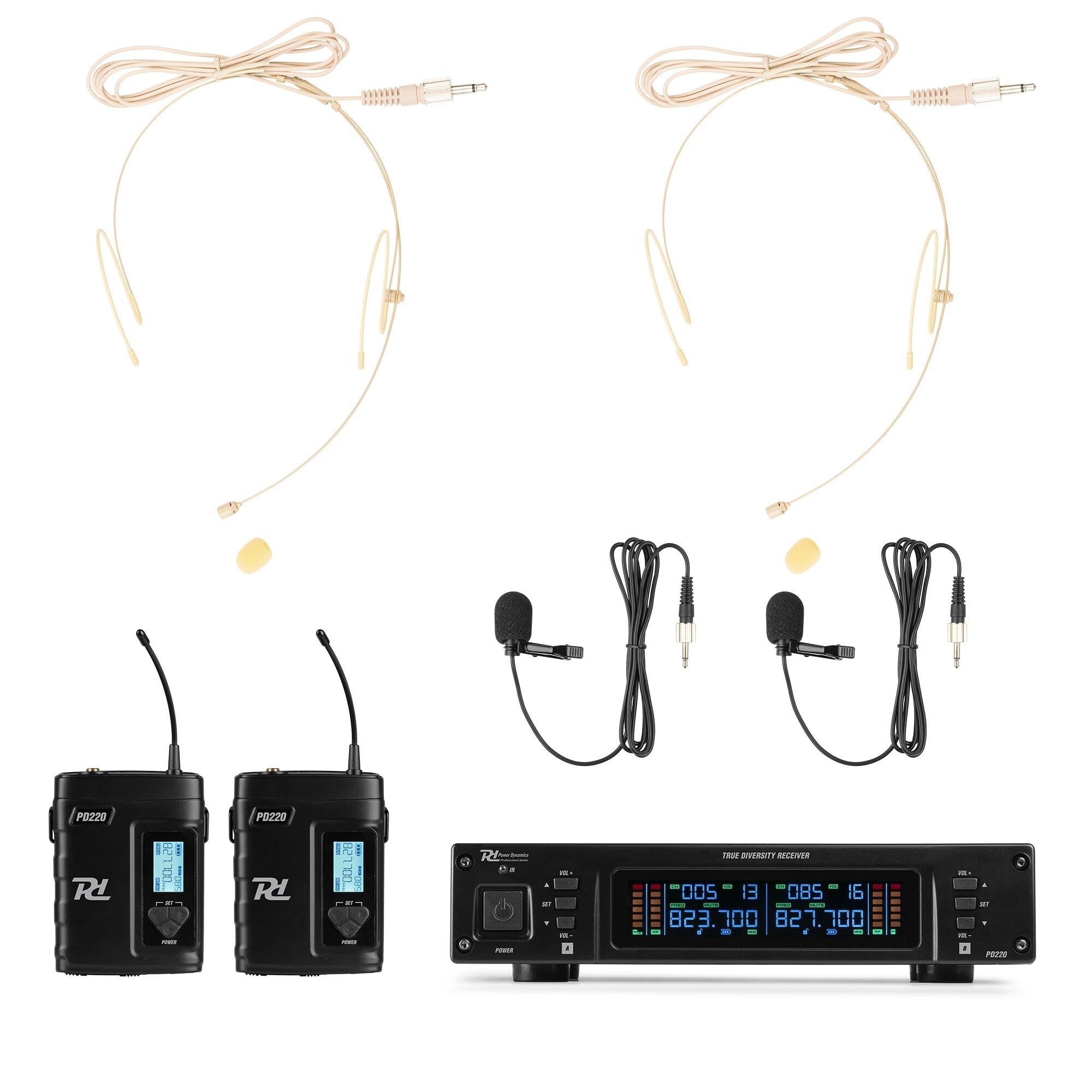 Power Dynamics D220B - Sistema Dual de micrófonos inalámbricos, True Diversity, UHF 823-832 MHz, Doble micrófono bodypack con Solapa y Diadema, 80 Canales, Salidas XLR y Jack 6,3 mm, Estuche Incluido