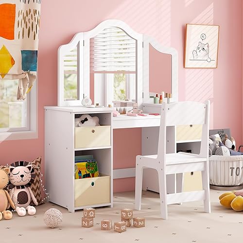 Miniatura 28 de Costzon Vanity - Tocador de maquillaje de princesa 2 en 1 con parte superior desmontable, tocador para niños pequeños con espejo triple y estantes