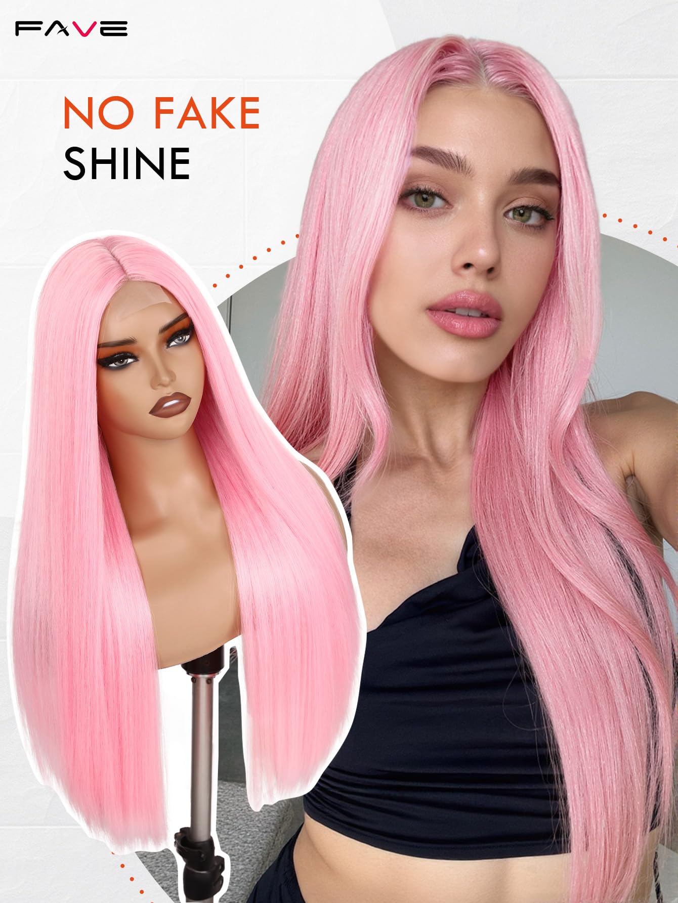 FAVE Perruque rose 65 cm synthétique pour femmes résistante à la chaleur, longue avec raie au milieu, aspect naturel rose clair, idéale pour quotidien/fête/cosplay