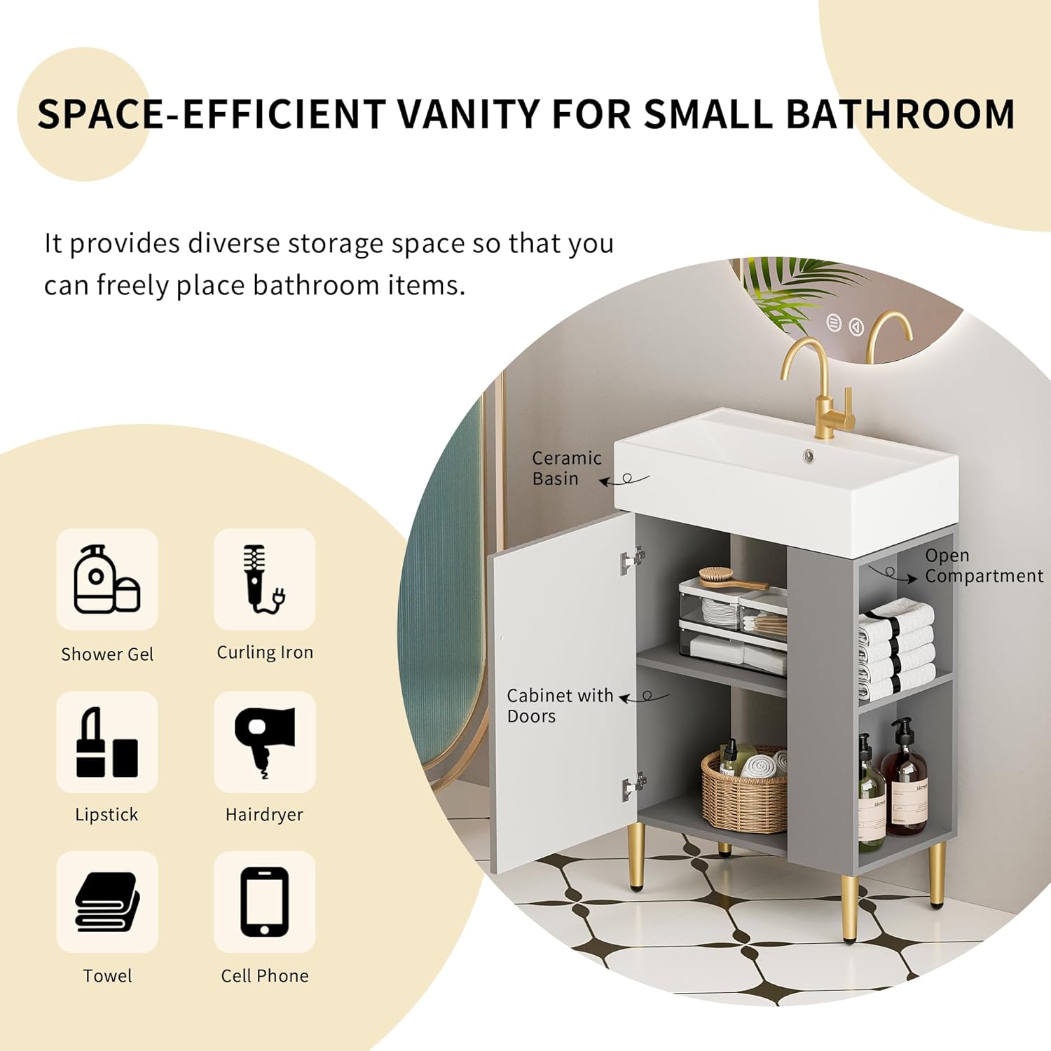 KEIKI 21.6" Small Bathroom Vanity with Sink, Single Ceramic Sink & Right Side Open Storage Shelf, Freestanding Wooden Bathroom Storage Cabinet with Soft-Closing Door, Easy Assembly and Clean, Gray