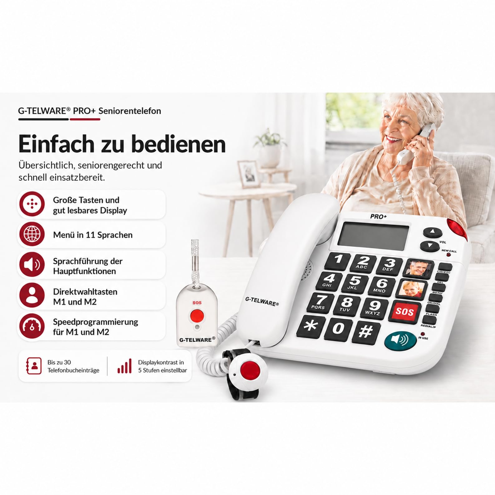 PRO+ (G-TELWARE®) 2023 – 2024, telefono di emergenza per anziani con trasmettitore radio SOS, telefono fisso – 1 trasmettitore con passante, grigio satinato, PRO+