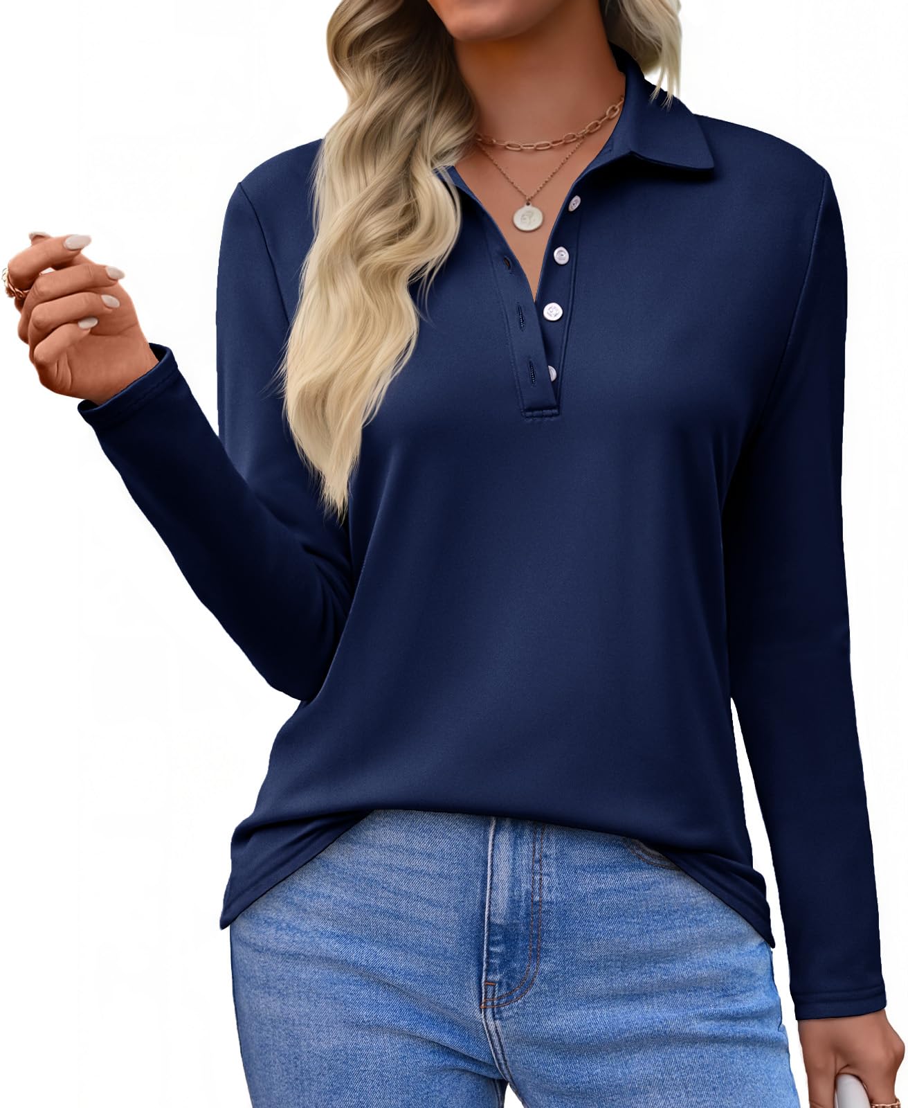 tankaneo Womens Long Sleeve Polo Shirts Business Work Casual V Neck Collared Tops Button Down Loose Fit Tees Shirts-picture-36