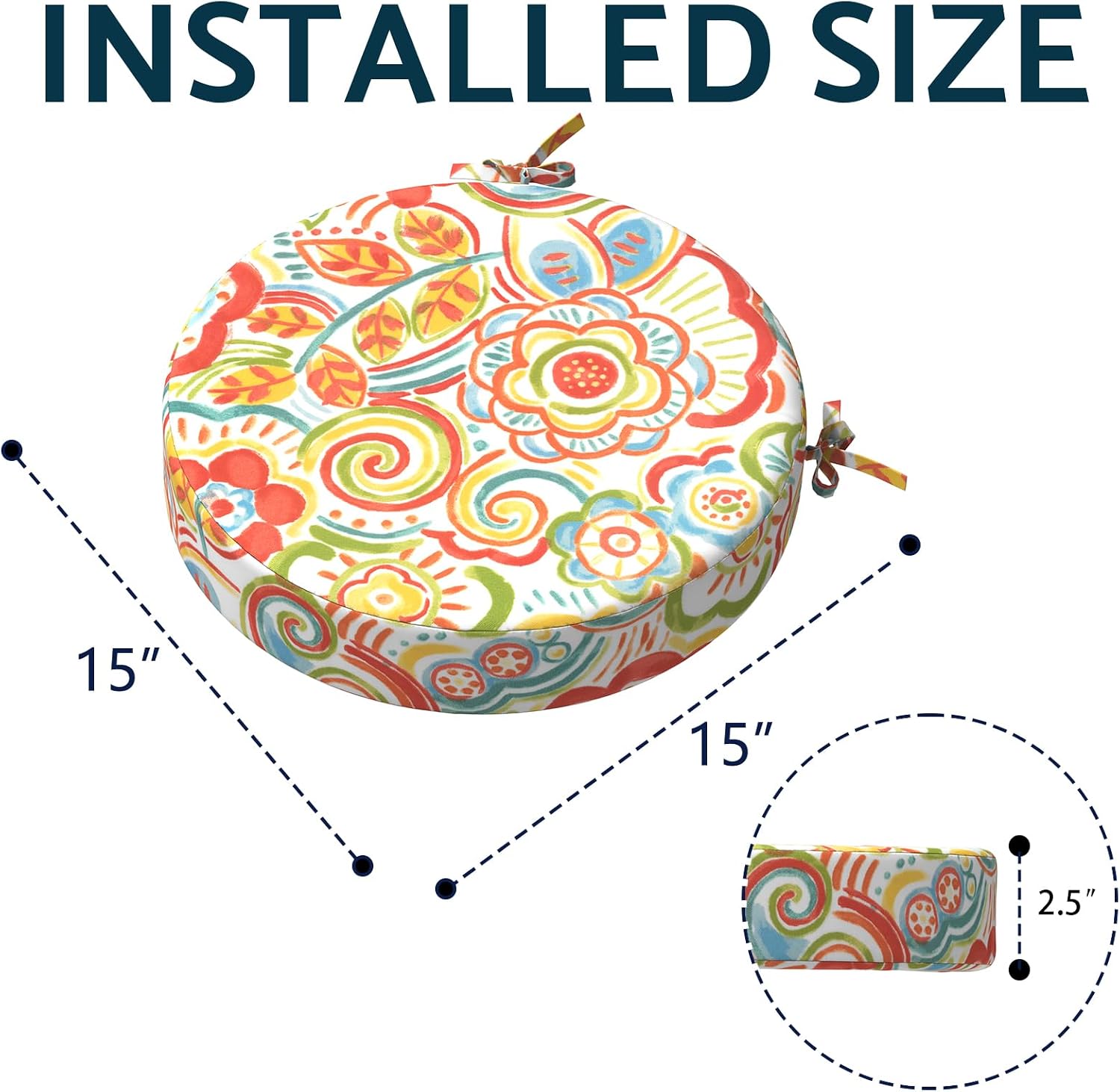 Outdoor Bistro Chair Cushions for Patio Furniture,Patio Bistro Round Foam Seat Cushion with Ties,15" D x 2.5" H,Flower Multi