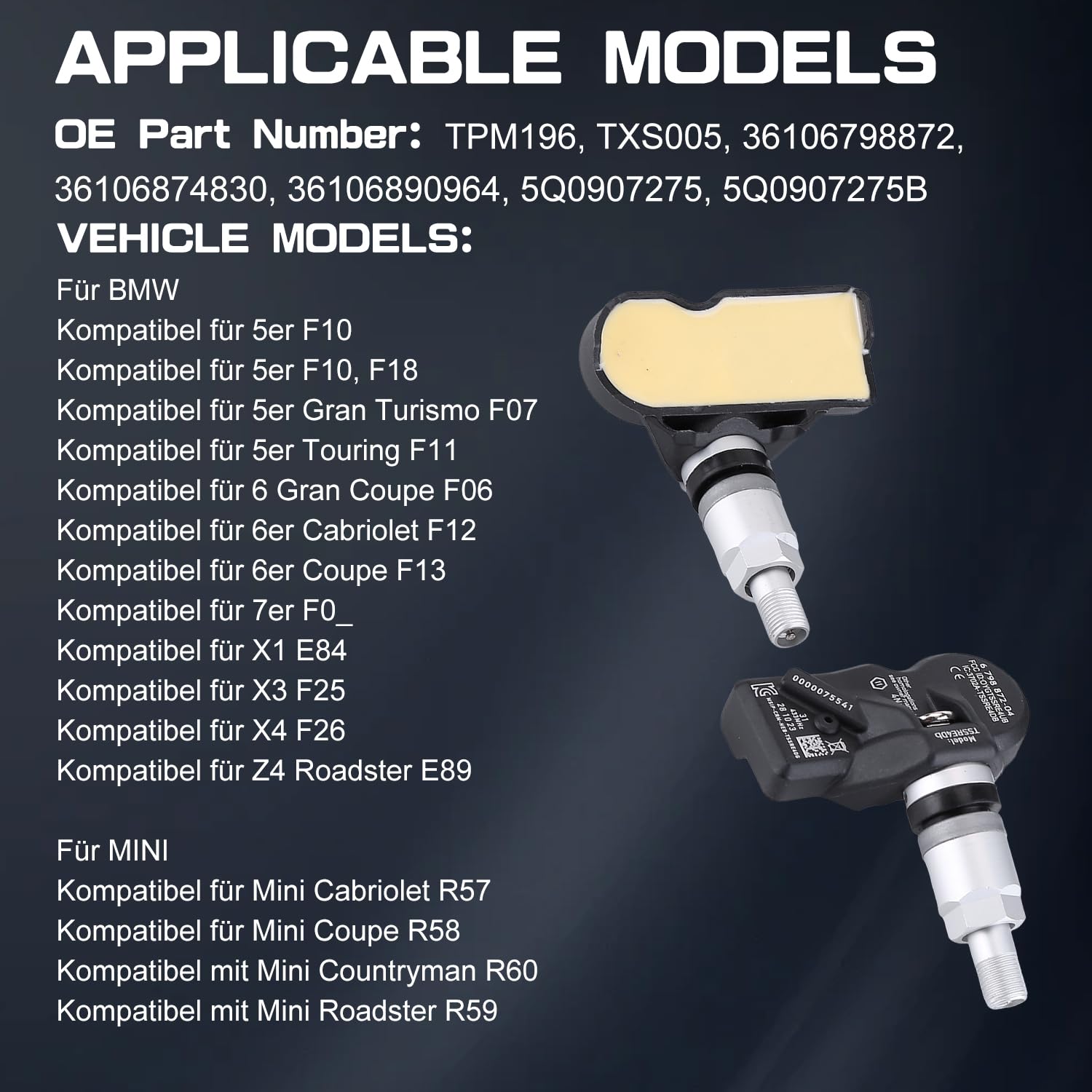 LICHENGTAI 4 sztuki TPMS czujnik ciśnienia w oponach, kompatybilny z czujnikami F06, F07, F10, F11, F12, F13, X1, X3, X4, RDKS, 36106798872, system kontroli ciśnienia w oponach