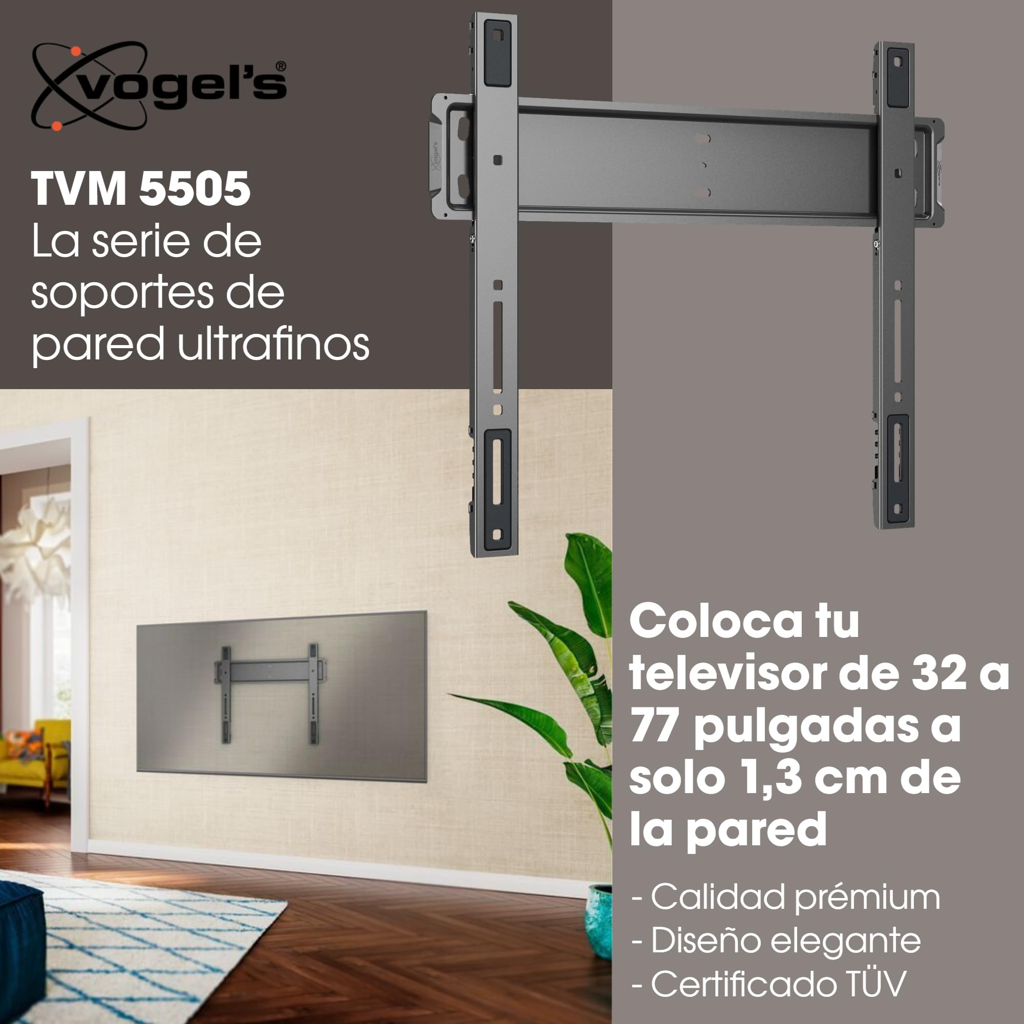 Vogel's TVM 5505 – Soporte de Pared para TV Ultrafino con GuidanceSystem™ para Colgar de Forma Sencilla televisores, 32-77'', máx. 75 kg, Certificado TÜV, VESA 400x400, Distancia a la Pared 1,3 cm