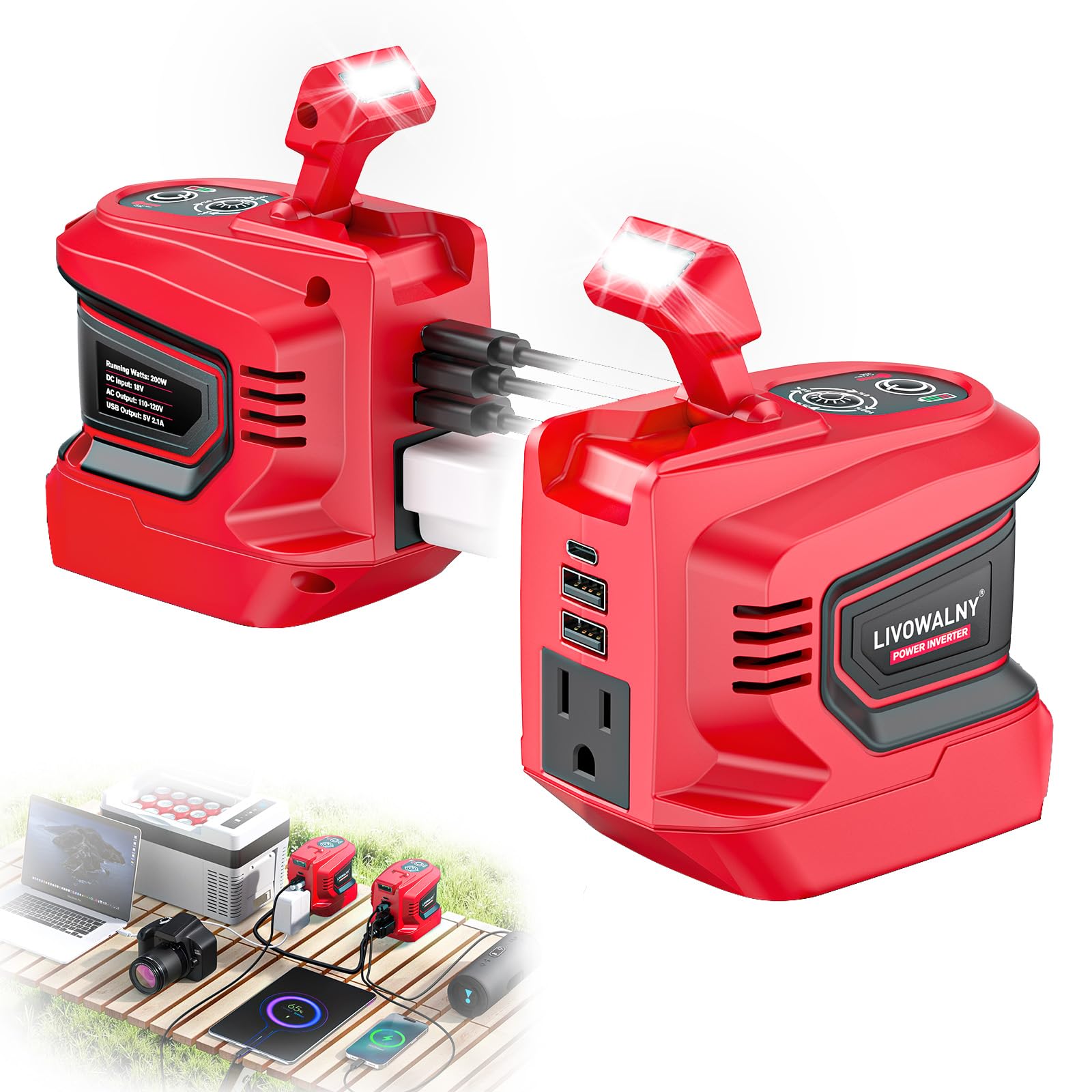 LIVOWALNY 200-250W Power Inverter Compatible with Milwaukee 18V Battery - DC 18V to AC 110-120V Power Station with 1 AC Outlet - 2 USB 1 Type-C & LED