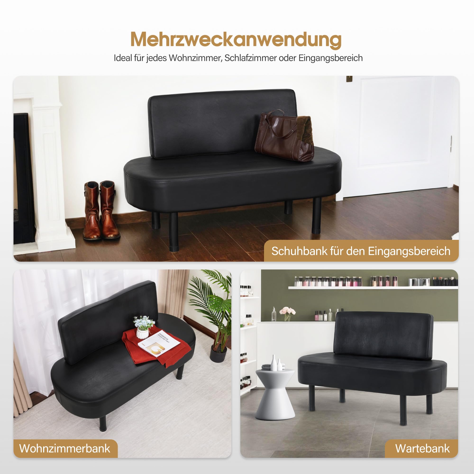 Barberpub con 3 posti e schienale, 130 cm, pancare per salone spa, imbottita con schienale, per soggiorno, arredamento per parrucchiere W517 (Nero/Finta Pelle)
