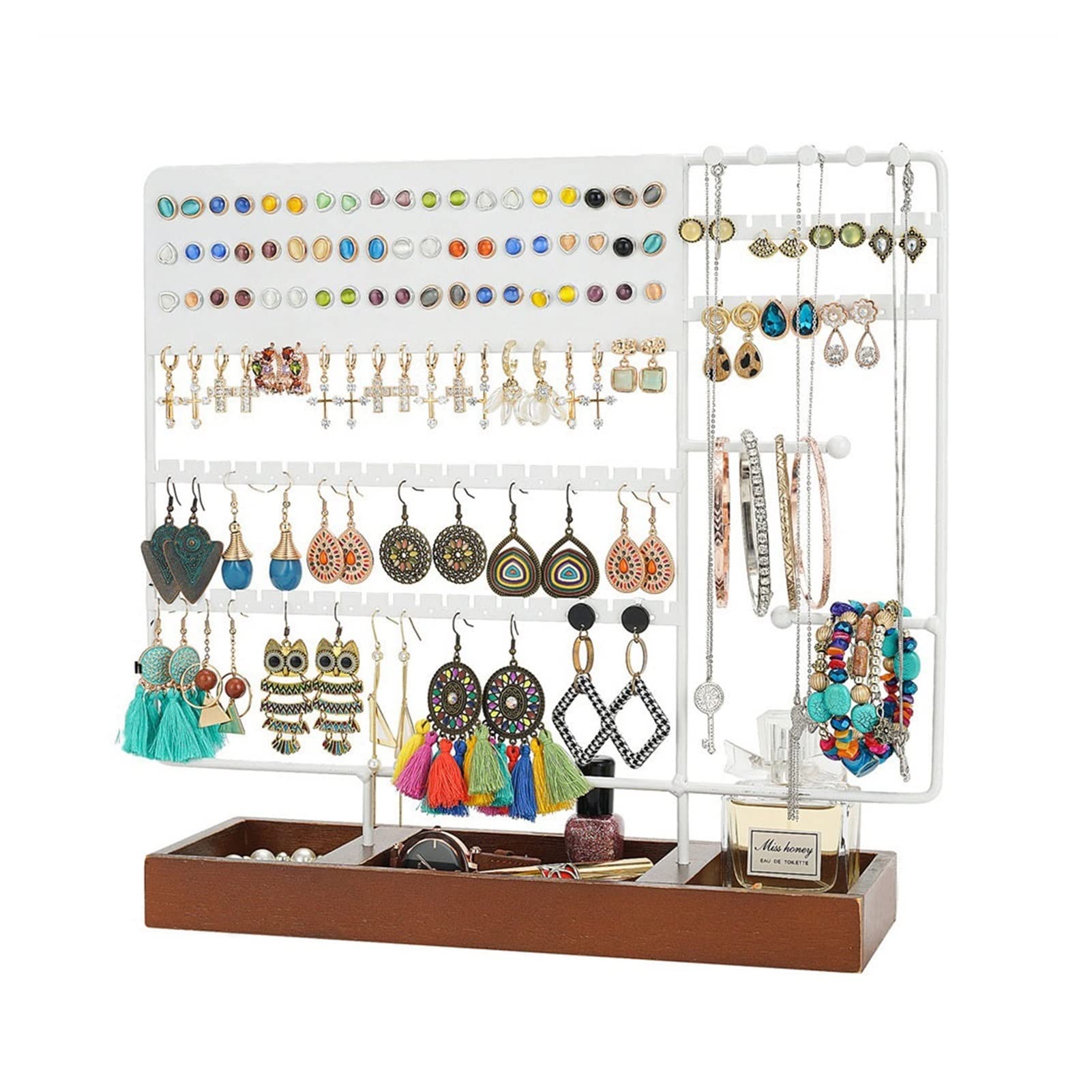 Expositor de Joyas para Pendientes, 130 Agujeros, con Bandeja de Madera para Pendientes, Pulseras y Collares (Color Blanco)
