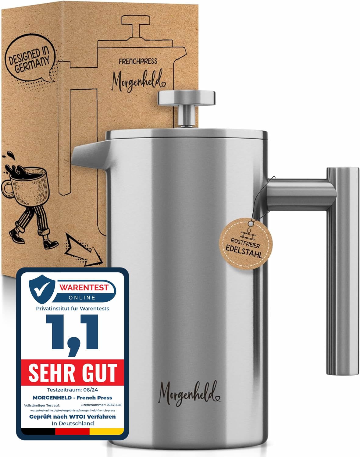 Morgenheld Premium French Press Edelstahl 1000 ml + 3 Ersatzfilter Stempelkanne isoliert Kaffeepresse 1l thermo Isolierkanne Kaffeebereiter doppelwandig Kaffeekanne 1000ml Kaffeedrücker Frenchpress