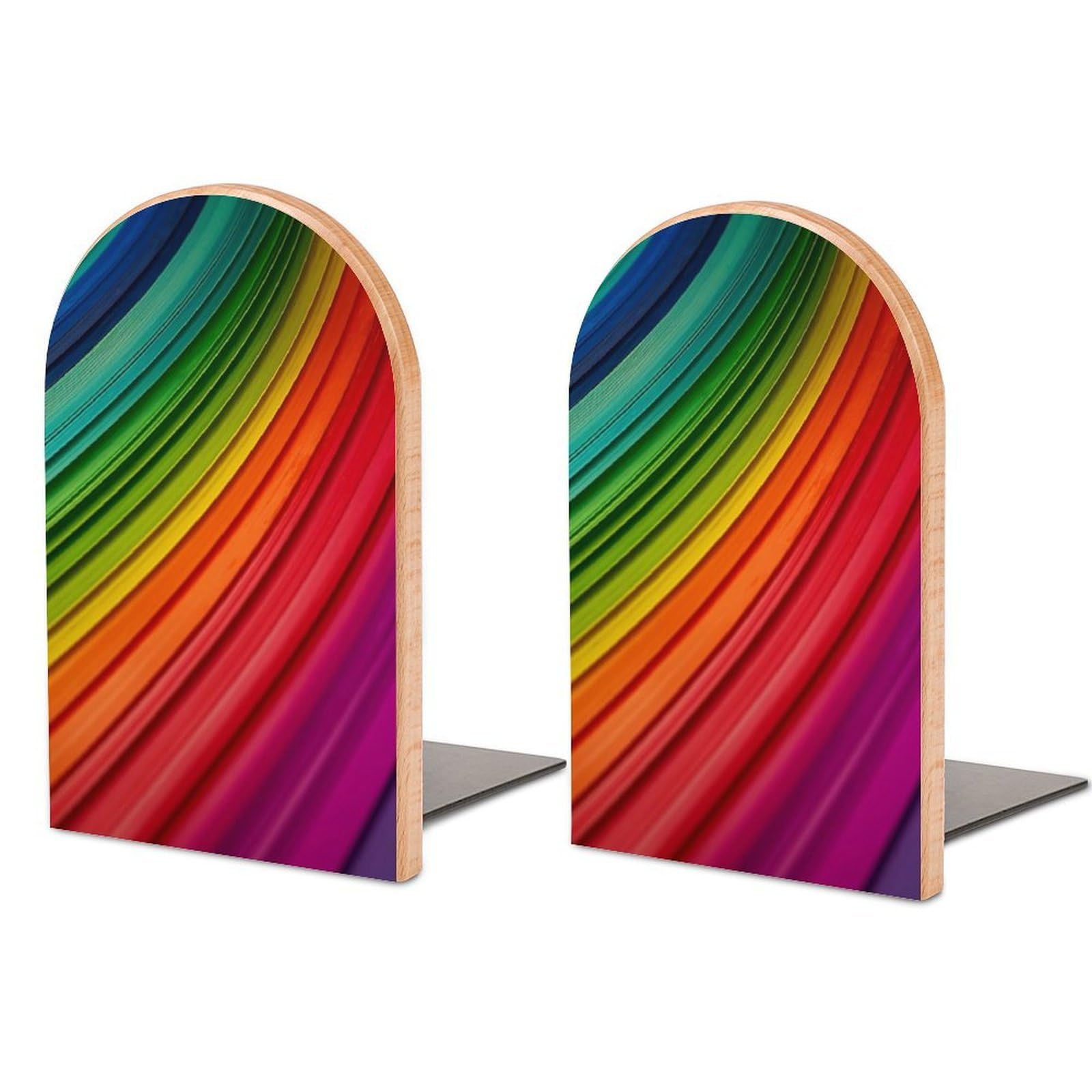 Beech Wood Book Ends Rainbow Color Stripe Printed Bookend for Shelves Home Decorative Bookends for Heavy Books for Office Bookshelves