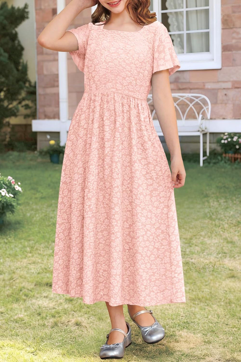 YOVION Flower Girls Dress Summer Ruffle Sleeve Square Neck Wedding Guest Flowy Maxi Dresses for 6-12 Years