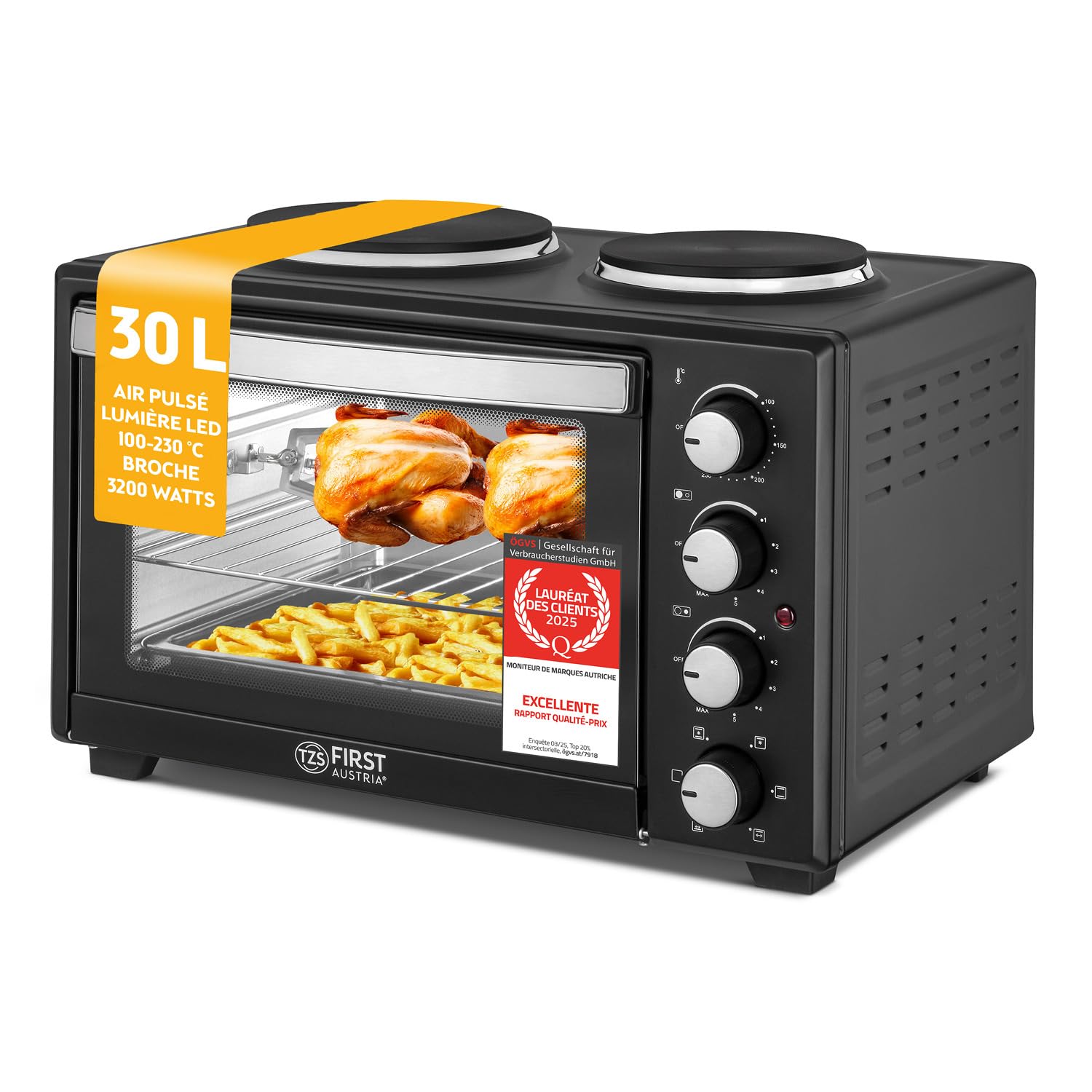 TZS First Austria - Mini-Four avec plaques de cuisson 30L 3200 W - Four à pizza jusqu'à 230°C et 6 modes de chauffage - Four multifonction avec 4 hauteurs d'insertion et accessoires de haute qualité
