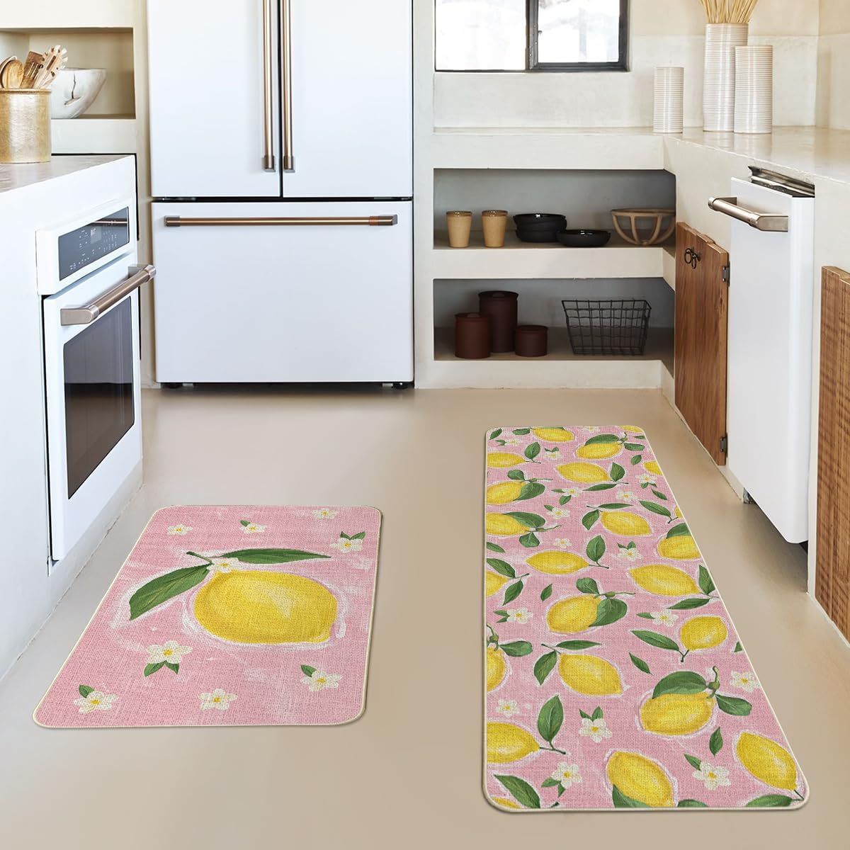 Artoid Mode Pink Lemons Flowers Summer Kitchen Mats Set of 2, Seasonal Home Decor Low-Profile Kitchen Rugs for Floor - 17x29 and 17x47 Inch