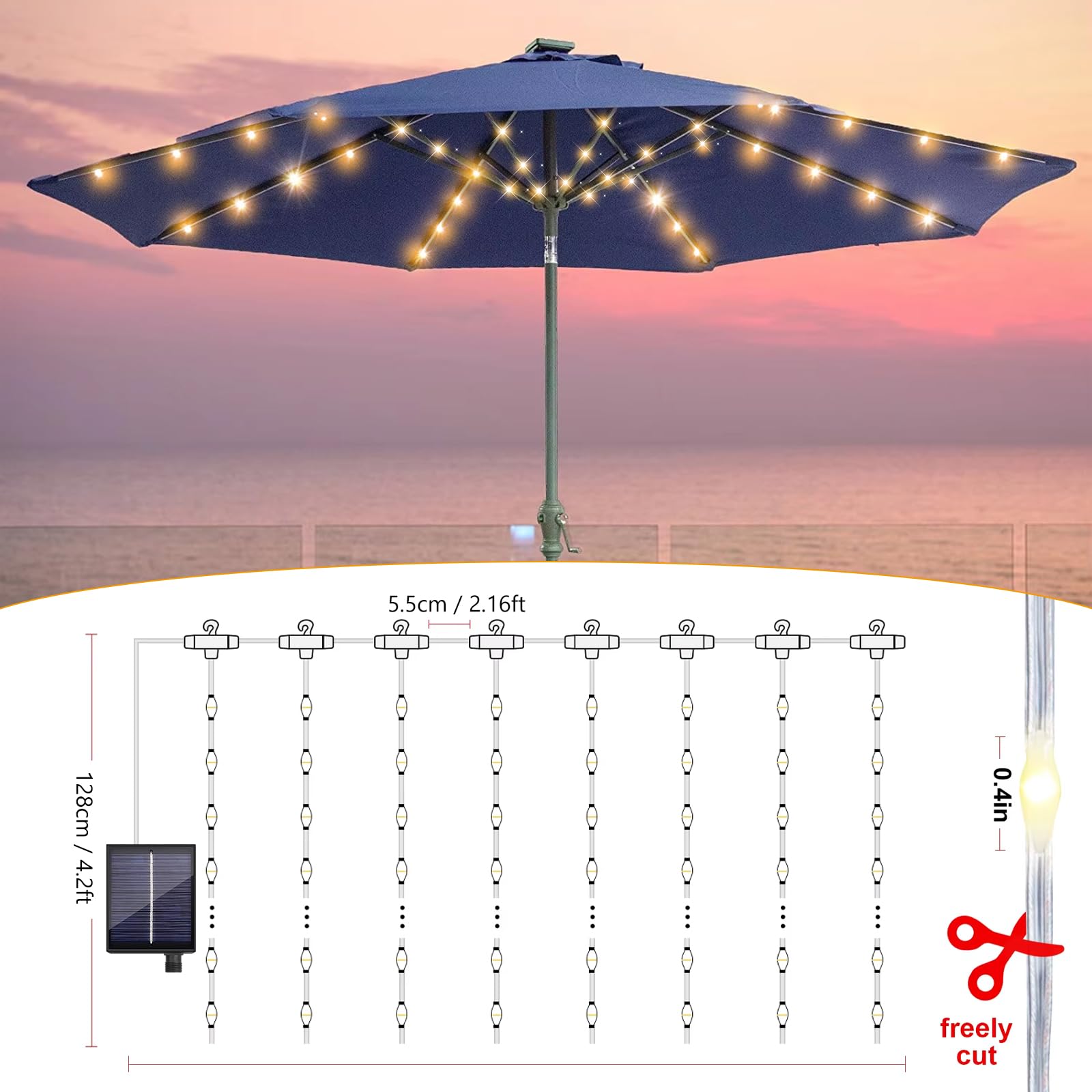 BORDEAG Éclairage solaire pour parasol - 104 LED - 8 modes - Guirlande lumineuse solaire pour parasol de terrasse - Avec télécommande