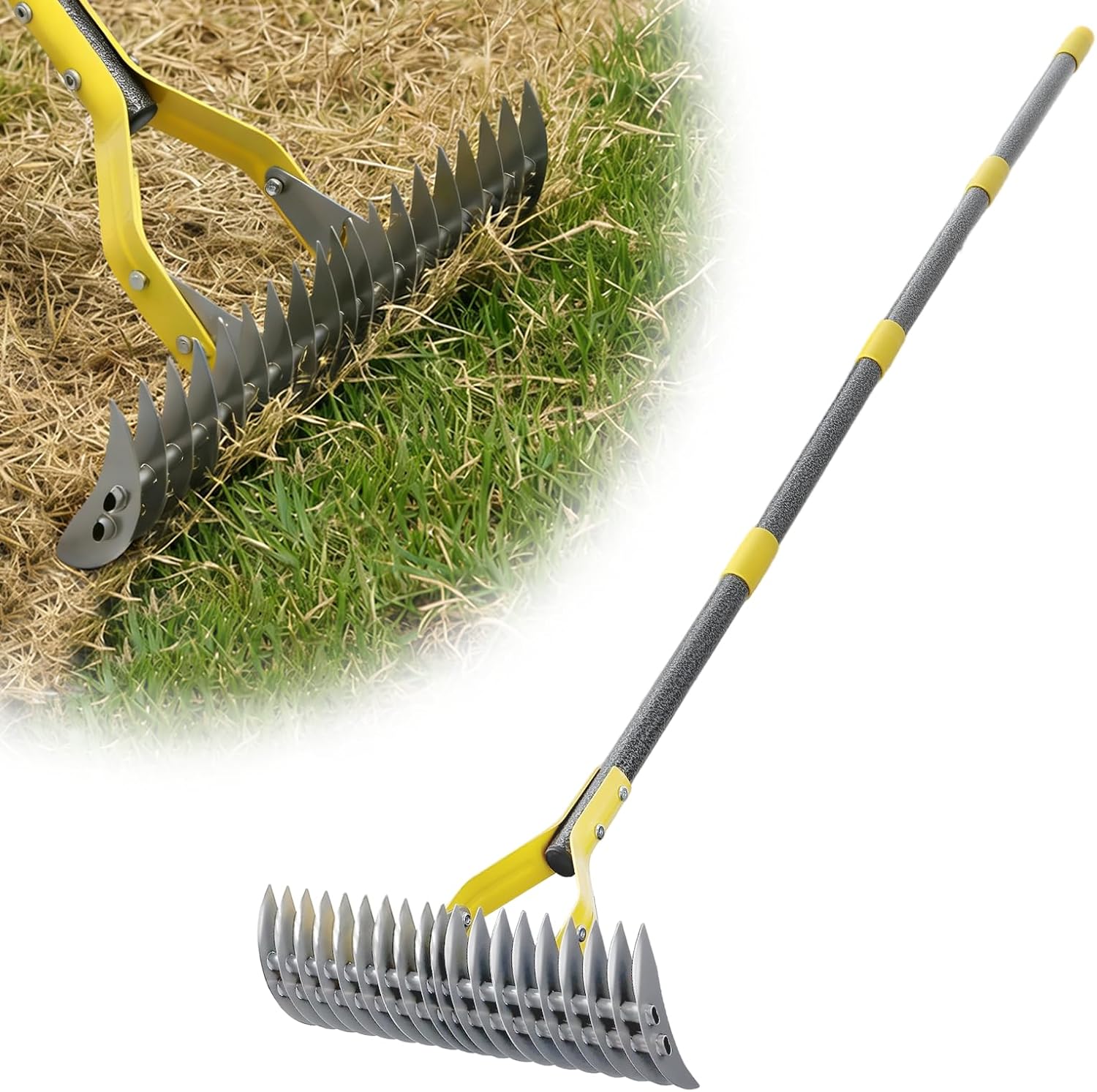 Dual-Action Dethatcher Rake - 19-Tine, Heavy Duty Landscaping Rake, Adjustable Thatch Rake with 40-70 inch, Metal Rake, Turf Rake for Artificial Grass, Cleaning Dead Grass, Soil Loosening & Yard Care