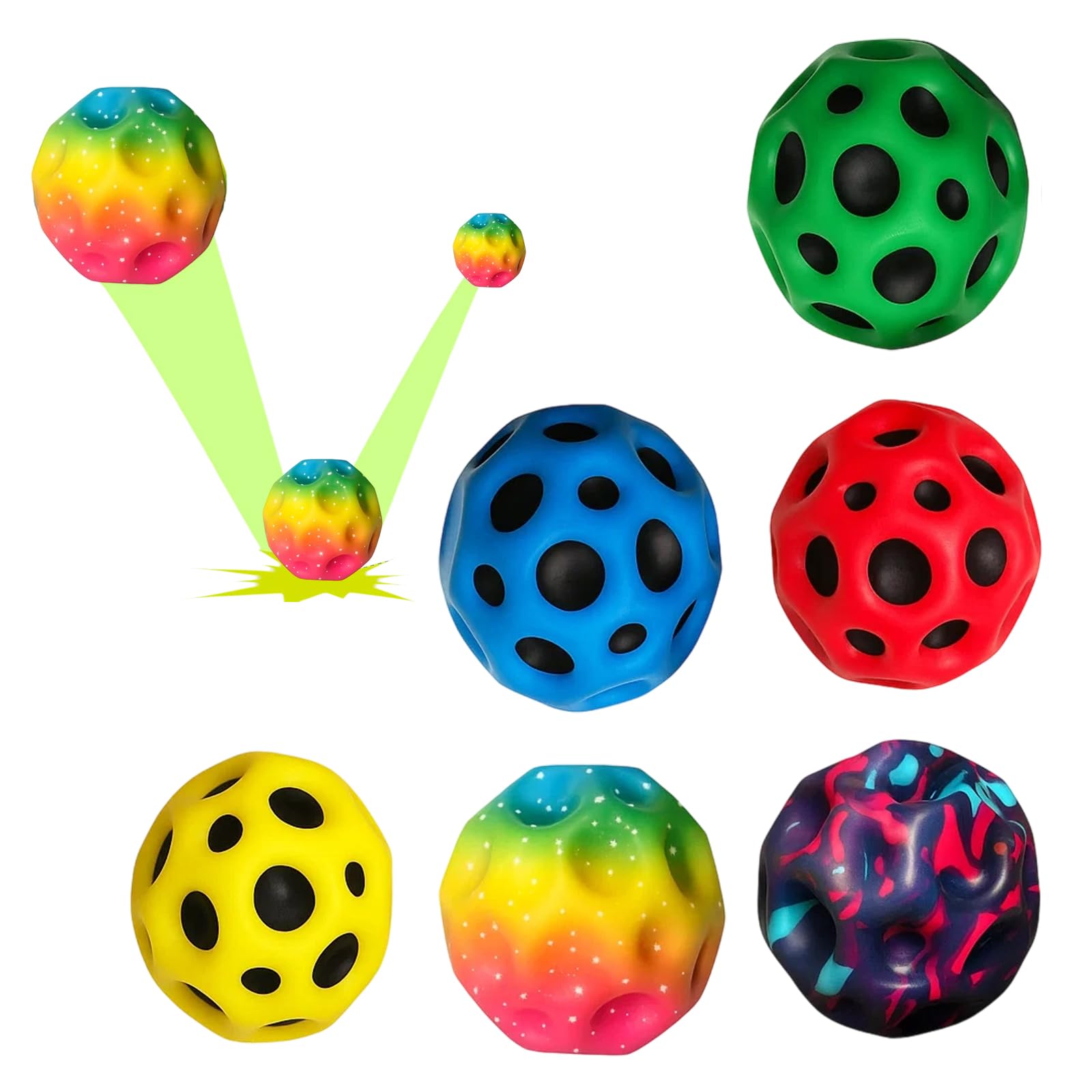 Moon Ball, 6PCS Spaceballs with High Bounce, Foam Balls for Kids Indoor Outdoor Play, Rainbow Ball Set in Camo Purple, Yellow, Red, Green, Blue and Rainbow age 14+