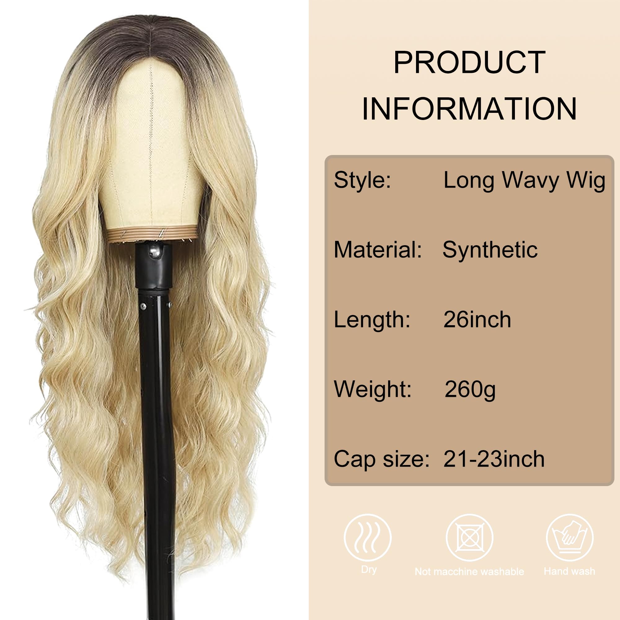 PORSMEER Long Ombre Blonde Wigs for Women Natural Looking Wavy Curly Synthetic Hair Wig with Brown Roots Middle Parting 26inch Ladies Realistic Wigs - Image 2