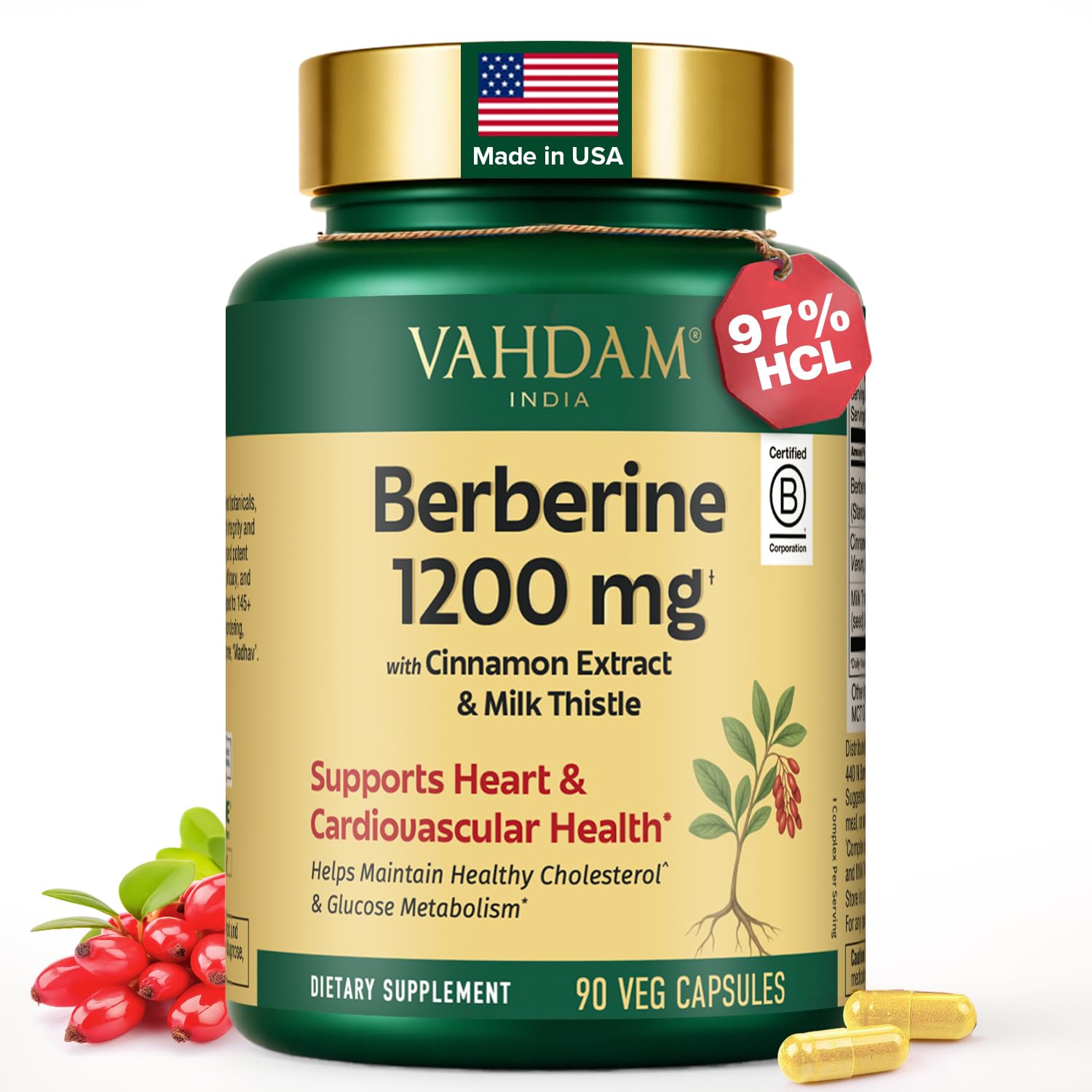 VAHDAM Berberine 97% HCL 1200mg Extract with Cinnamon and Milk Thistle | Supports Heart Health and Helps Maintain Healthy Cholesterol & Glucose Metabolism | 90 Veg Capsules