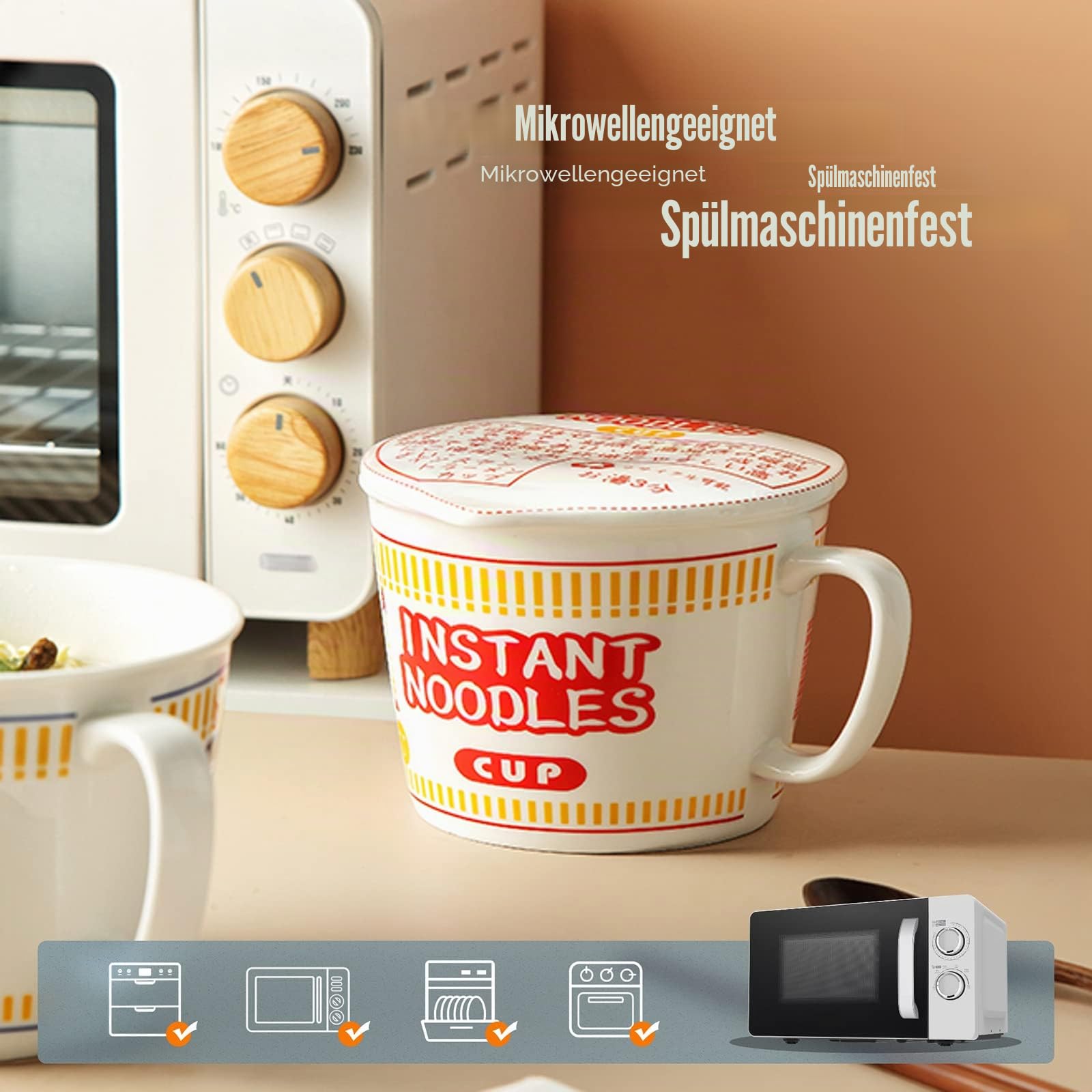 Ramen Schüssel mit Deckel Groß Instant Nudeln Ramen Bowl Keramik Suppenschüssel mit Deckel und Griff (Rot, 1000ml)
