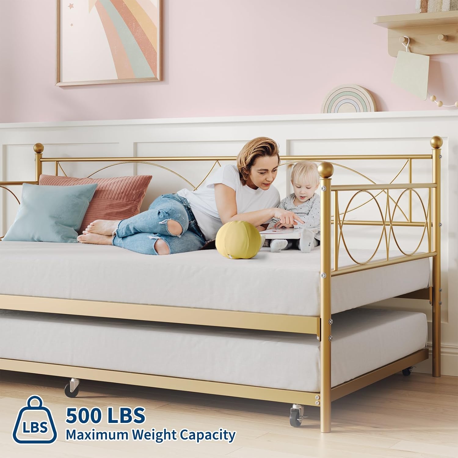 IDEALHOUSE Twin daybed with Trundle, Metal Twin Daybed and Trundle Set, Day Bed Sofa Bed Frame with Steel Slat Support, Multifunctional Daybed Frame for Bedroom (Gold Sets)