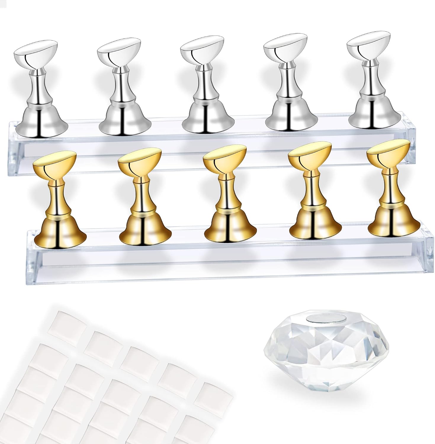Nail Holder for Nail Art Practice, Nail Stands for False Nails Painting, 30 pcs of adhesive putty 1 Crystal Base 2 Sets Magnetic Acrylic (Metal Pink)