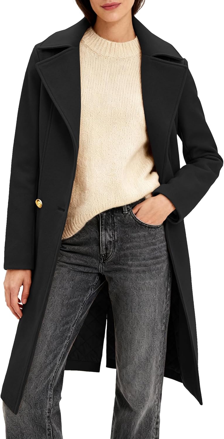 OTU Vibe Women's Long Notch Lapel Coat, Double-Breasted Peacoat, Casual Classic Fall Winter Overcoat