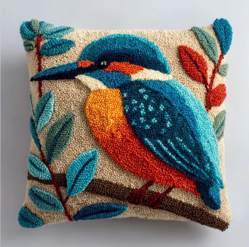 WallustrioaW Latch Hook Pillow Case Kits,Bird 17X17 Inch Latch Hook Cushion Cover Kit,Knitting Kits Cushion for Adults Rug Making Kit for Starters