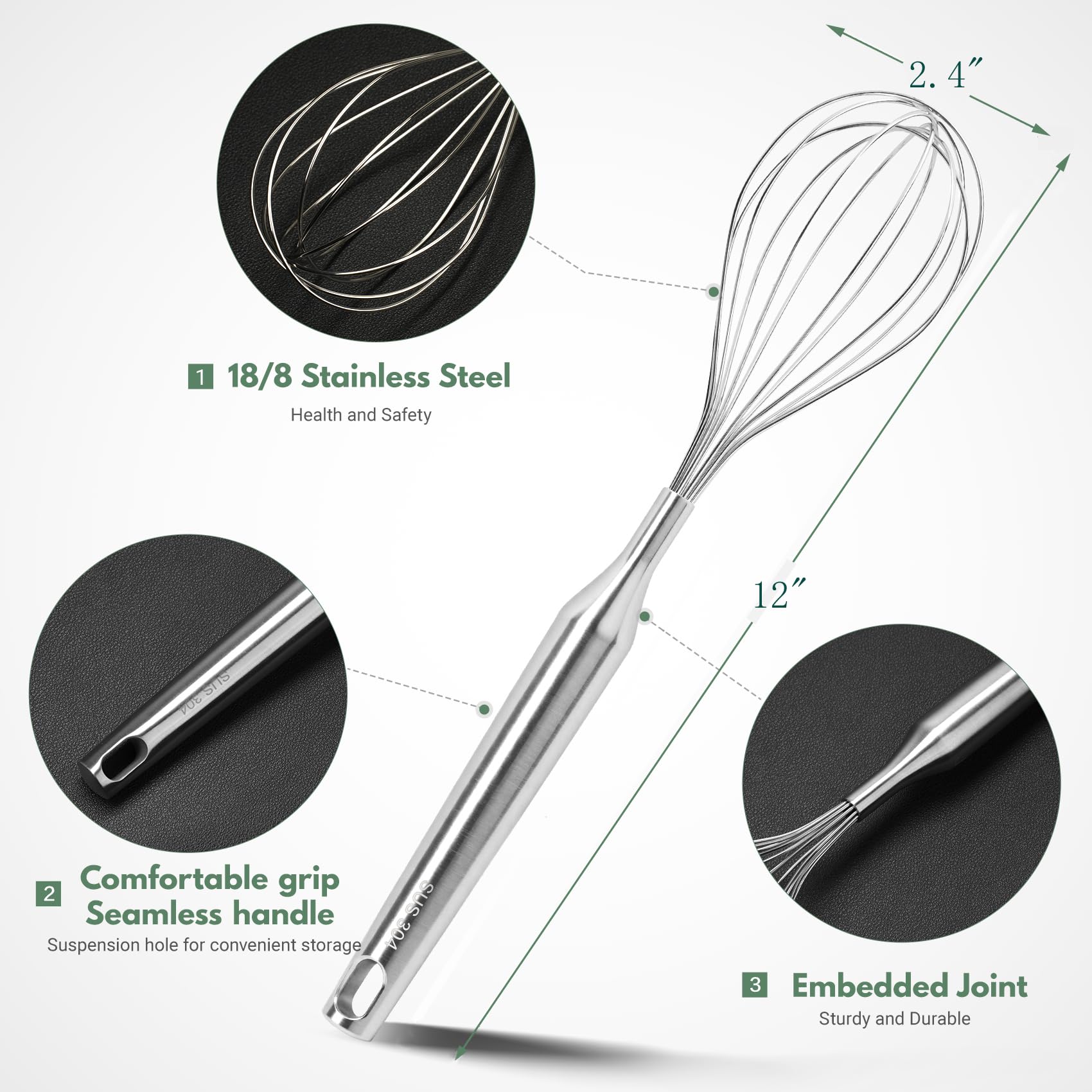Batidor de acero inoxidable para cocinar cocina, antiadherente, alambre de globo, batidor de huevos para mezclar, batir, batir, apto para lavavajillas, 12 pulgadas (mango de acero inoxidable)