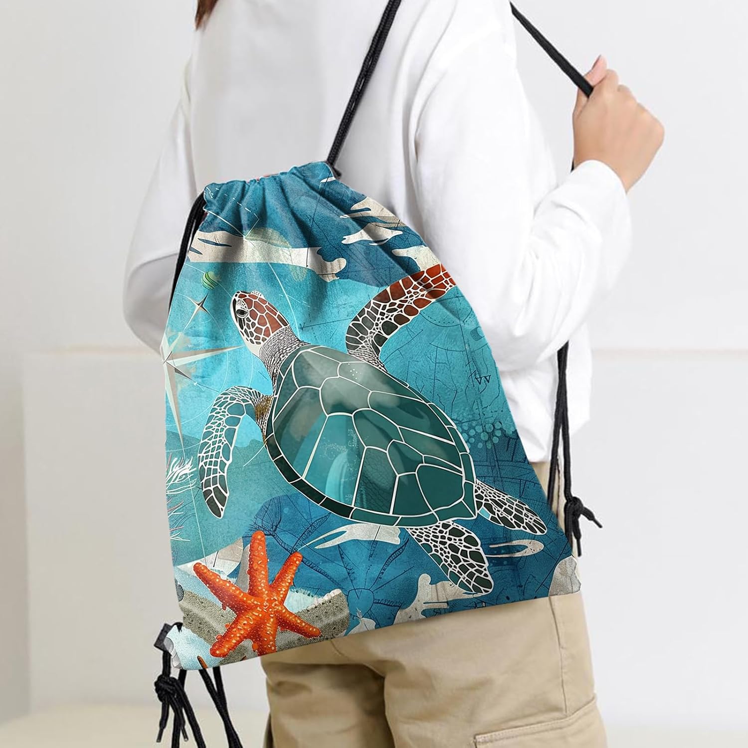 Drawstring Backpack Draw String Sports Bags for Gym Travel Beach Waterproof Cute Sackpack Men Women Aesthetic (13"×17")-Sea Turtle