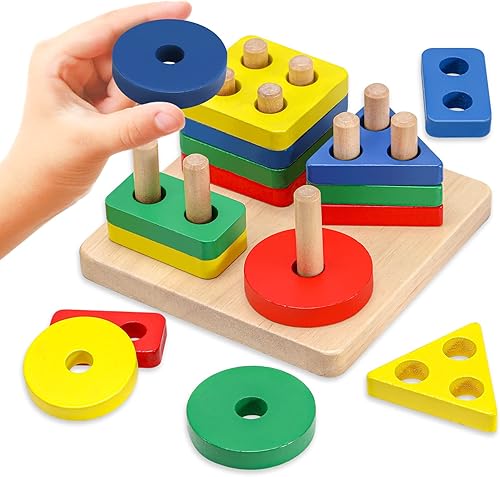 AZEN Juguetes Montessori para niños de 1, 2, 3 años, juguetes de clasificación y apilamiento de madera, juguetes educativos para clasificar formas