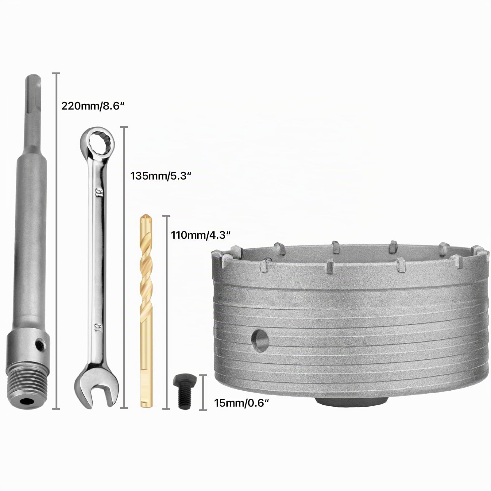 Couronne de forage SDS Plus Ø 125 mm, filetage M22 SDS plus adaptateur 220 mm et foret de centrage 8x110 mm, scie murale pour maçonnerie, pierres naturelles, grès, béton, marbre (125 mm)