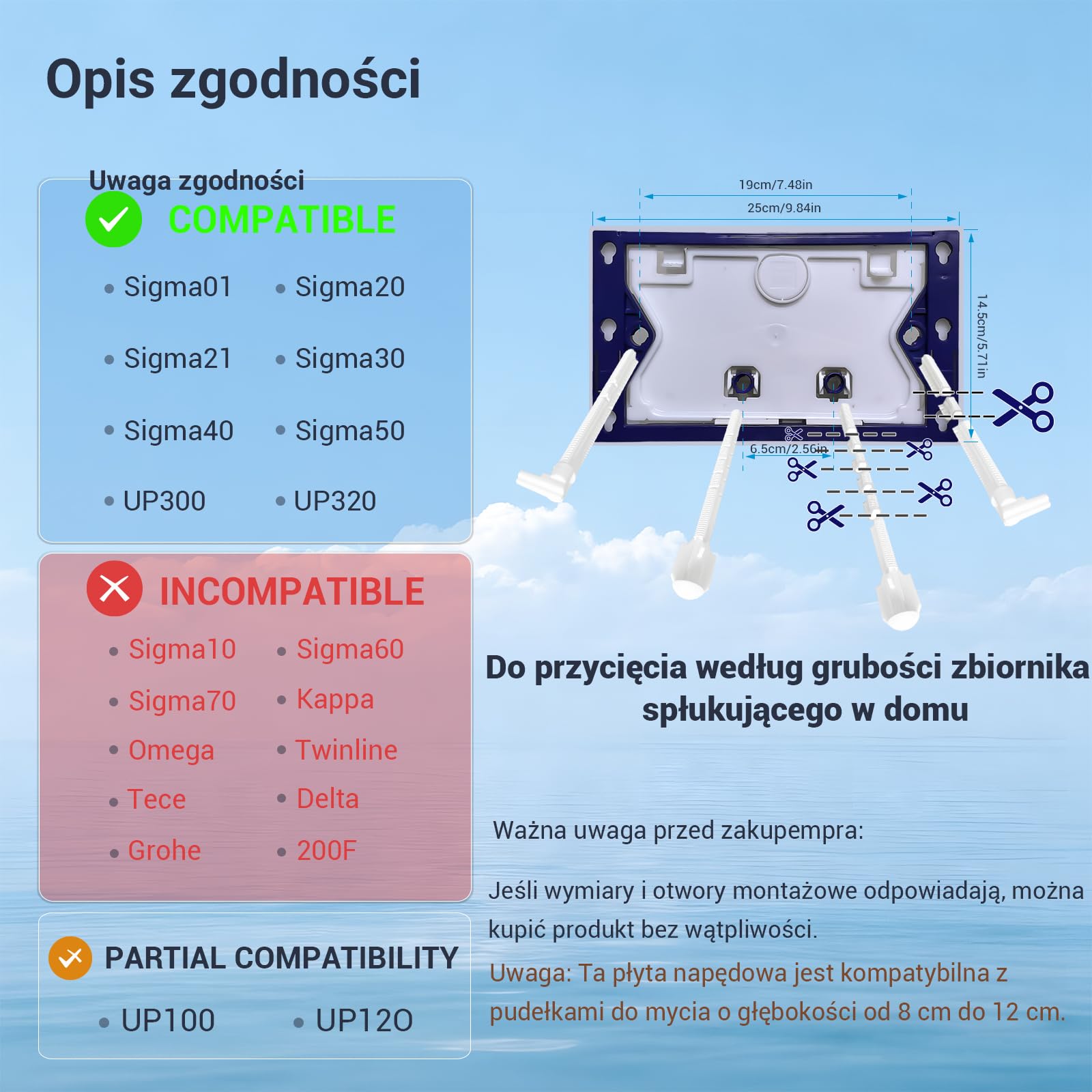 WC Przyciskowa płyta, kompatybilna z seriami Geberit Sigma, UP300 i UP320, z podwójnym spuszczaniem, wyposażona w zestaw klapy spuszczającej i ramę montażową
