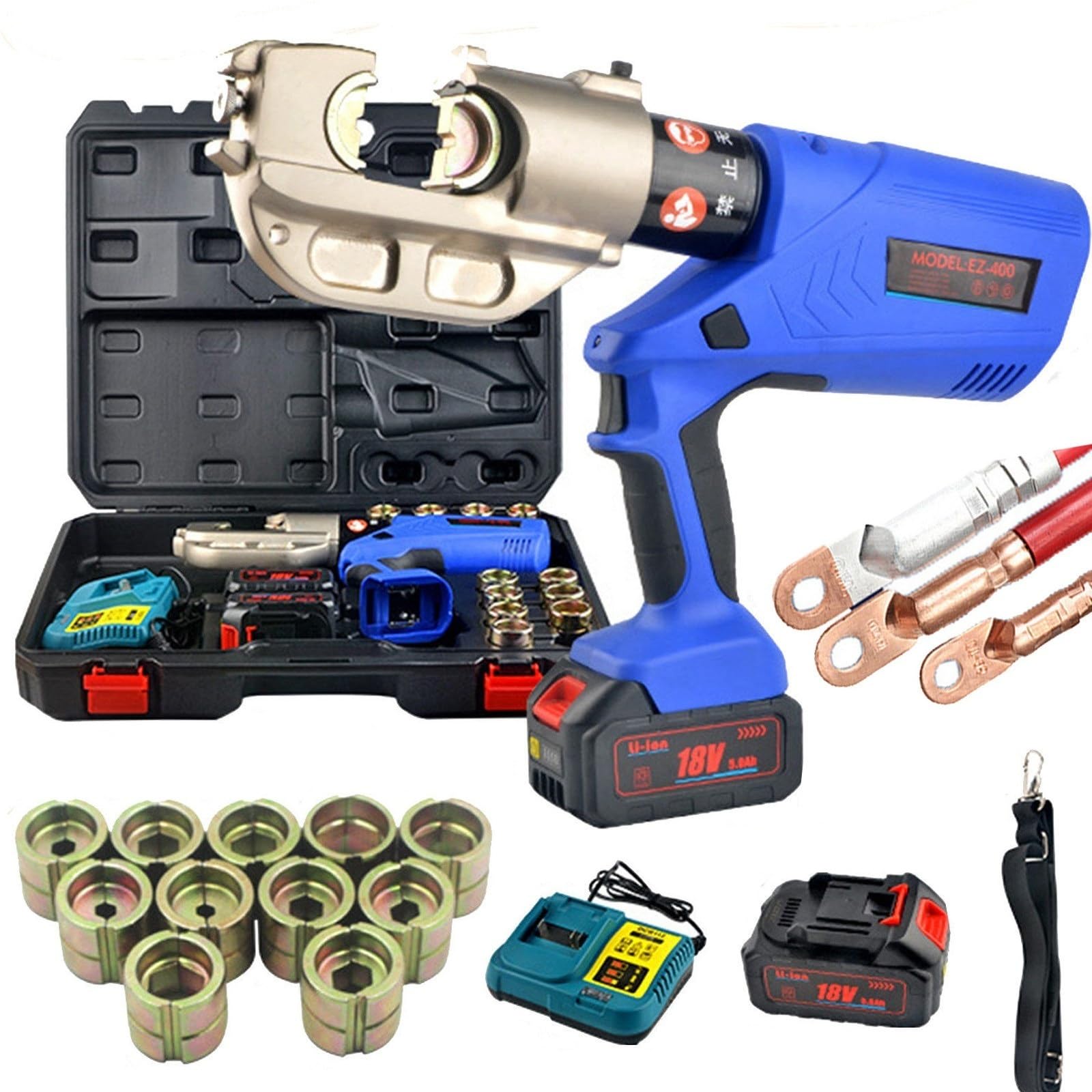 16 to 400mm² Electric Hydraulic Crimping Tool - 18V 5.0Ah Battery Powered Terminal Crimper for Copper and Aluminum - 360 Degree Rotation - LED Light - 4 to 8s Fast Crimp