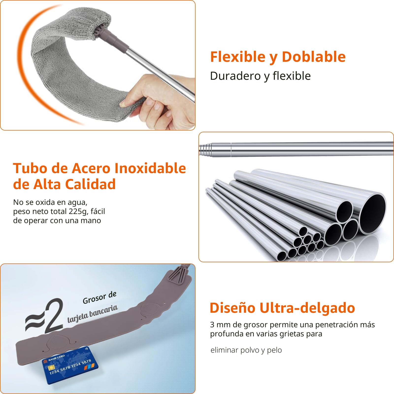 Plumero Plano, Cepillo Limpieza de Polvo con Varilla Telescópica de Acero Inoxidable, Limpiador de Polvo Retráctil, Plumero Atrapapolvo Microfibra Lavable para Piso, Debajo de la Sofá y el Cama