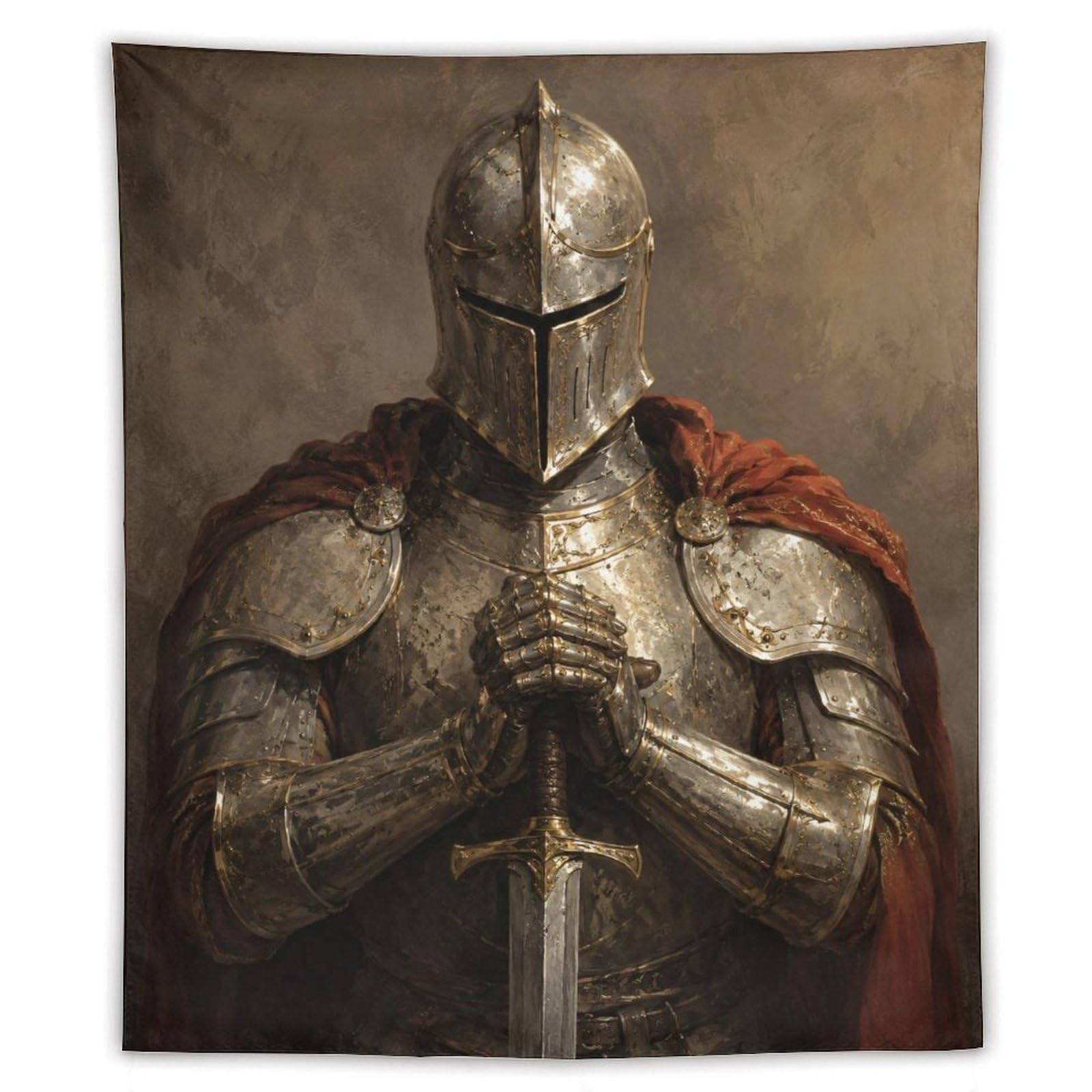 Medieval Knight Sword Portrait Wall Tapestry, Medieval Illustration