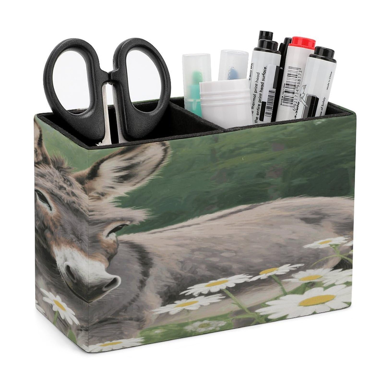 VstaDank Donkey in Daisy Bush Pen Holder Double Compartments Pen Cup Fashion Makeup Brush Holders Leather Pencil Holder for Work Locker Accessories Modern Pencil Cup for Desk Organizer