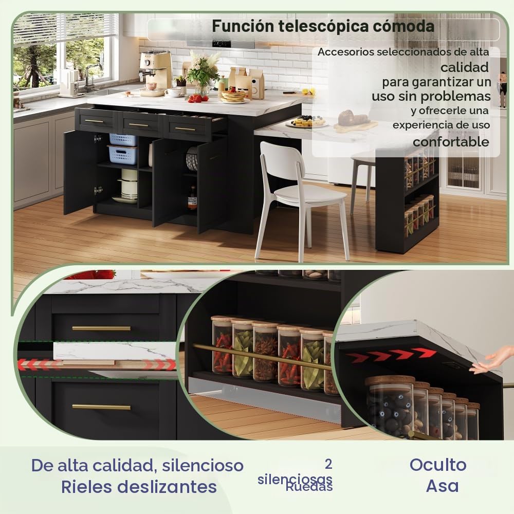 Isla de cocina multifuncional con mesa de comedor blanca extensible (150 cm + 96 cm), isla de cocina central con muebles de almacenamiento integrados, encimera de madera efecto mármol (negro)