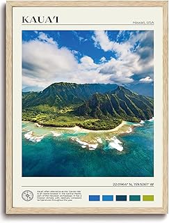 KISSFOX OAK Wood Framed Wall Art Kauai Wall Decor Hawaii Canvas Art Landscape Pictures Coastal Paintings Travel Posters Aesthetic Artwork For Bedroom Office Living room