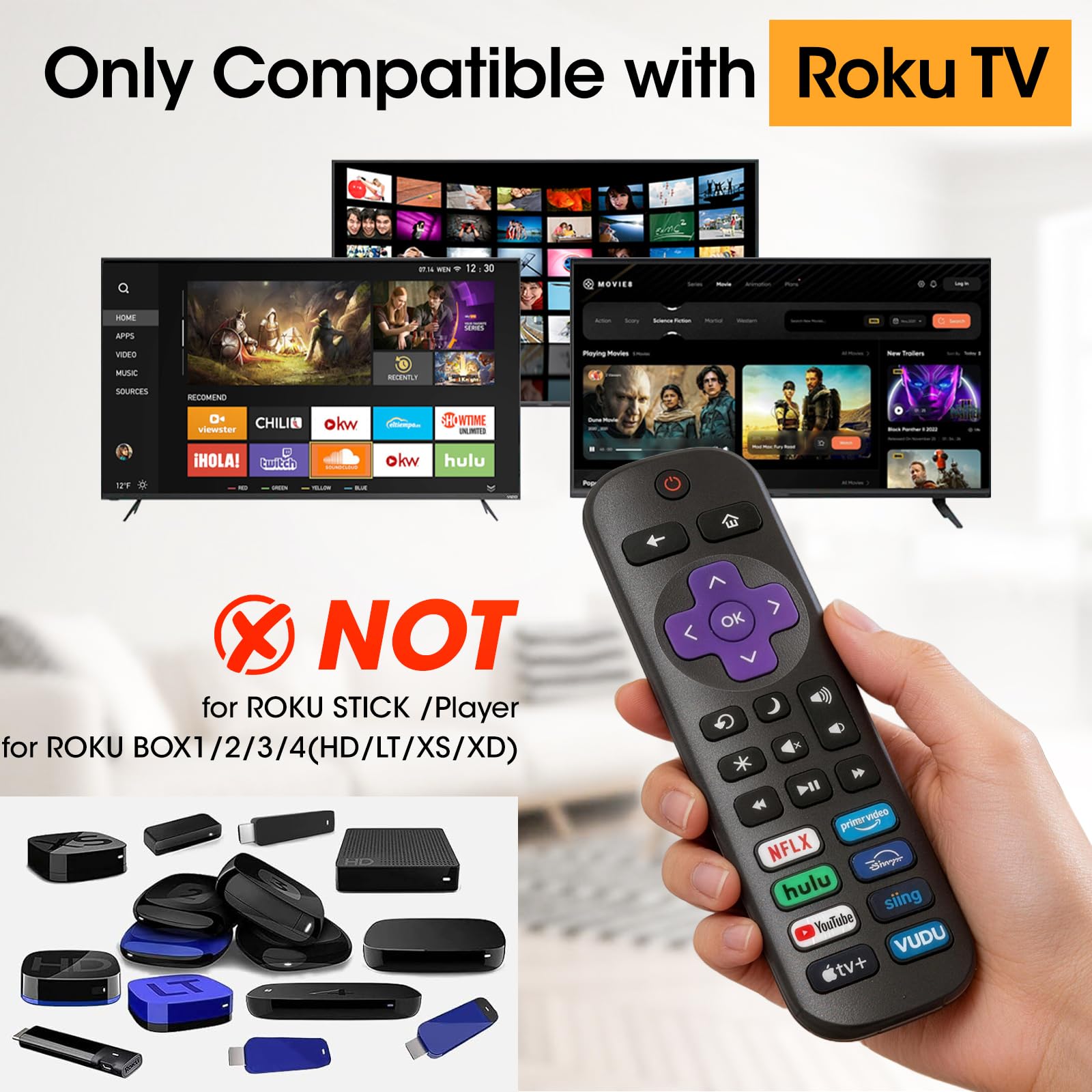 Lot de 3 télécommandes de rechange pour TV Roku, compatibles avec TCL Roku/Hisense Roku/Onn Roku/Sharp Roku/Philips Roku/Element Roku/Westinghouse Roku (ne convient pas pour Roku Stick, Box ou