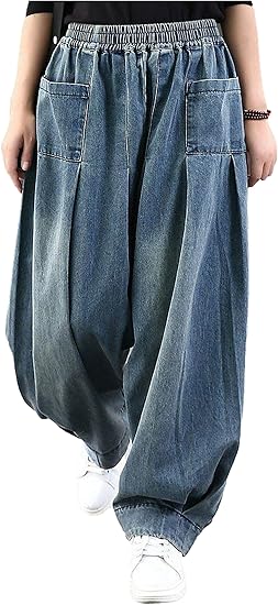 ミラクルート ウエストゴムでゆったり かわいい デニム ワイド ガウチョ サルエル ベイカー パンツ ジーパン ポケット 韓国 ジーンズ 通販