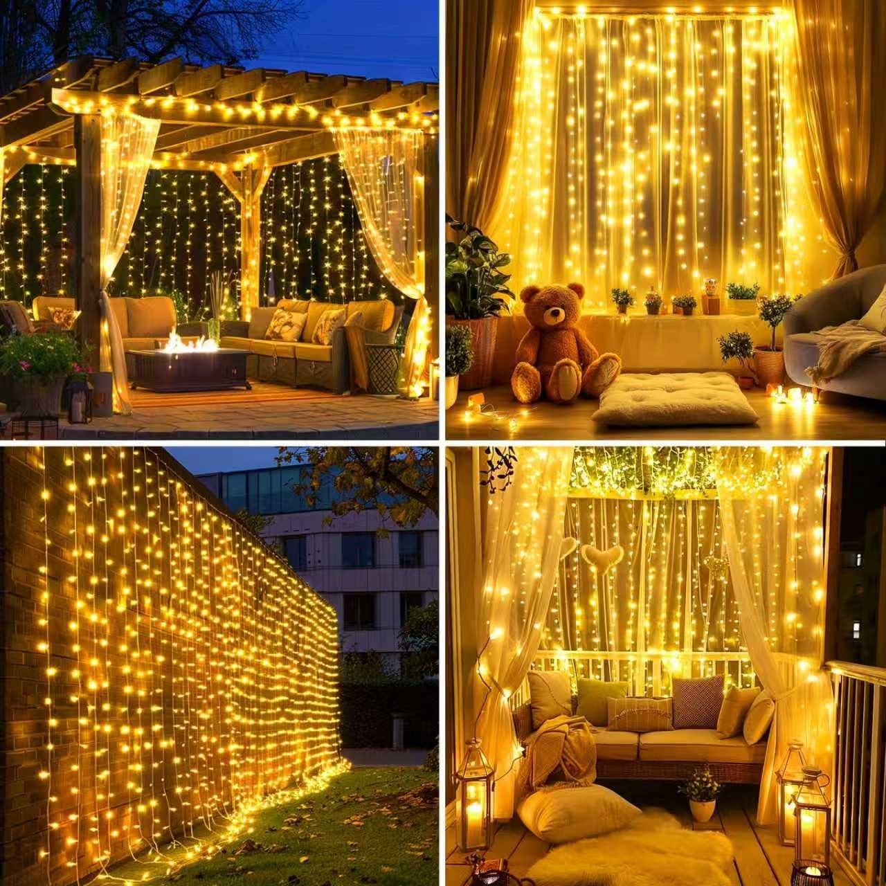 Solar Vorhanglichter 6×3m mit 600 LEDs, 8 Lichtmodi wasserdichte Solar Wasserfall Lichterkette mit Fernbedienung & Timer, Außendeko für Balkon, Pavillon und Hochzeiten