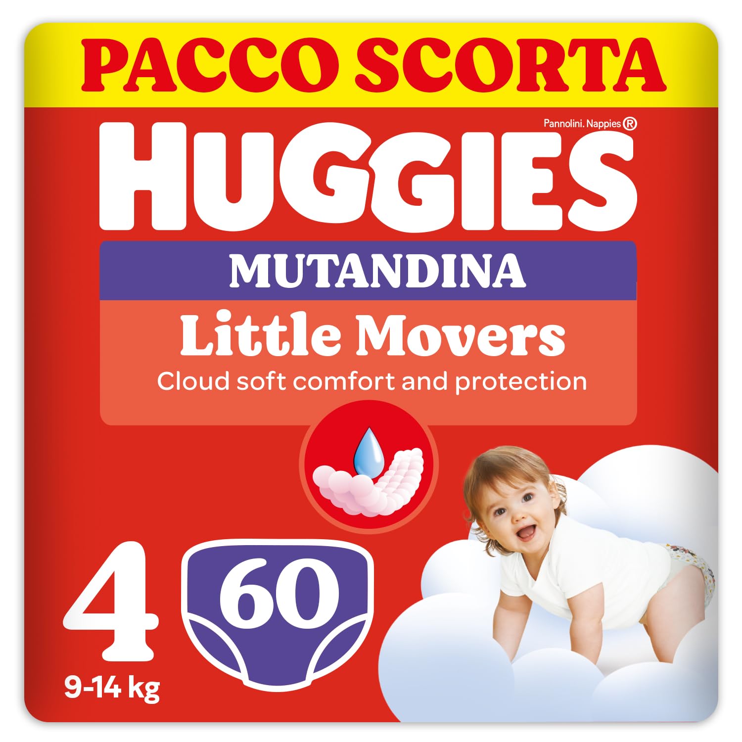 Huggies Little Movers Pannolini Mutandina Taglia 4 (9-14 kg), Ultra assorbente, Protezione completa, Pacco Scorta, 60 Pz