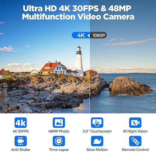 Miniatura 2 de Videocámara 4K 30fps 48MP con visión nocturna IR, 16X zoom digital Cam Corder 3.0 "Rotación de 270° Pantalla táctil Grabadora de video para YouTube