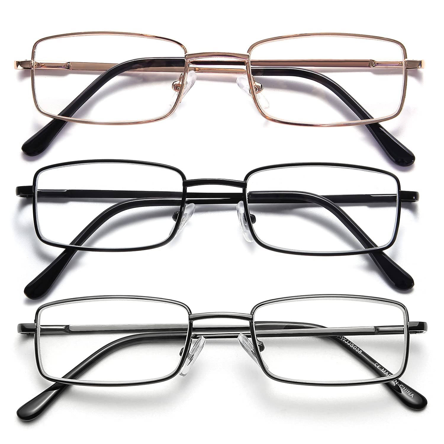OKH 3 Pack Blue Light Blocking Square Rectangle Metal Reading Glasses for Men Anti Eye Strain/Headache Spring Hinge Clear Reading Eyelasses Reader